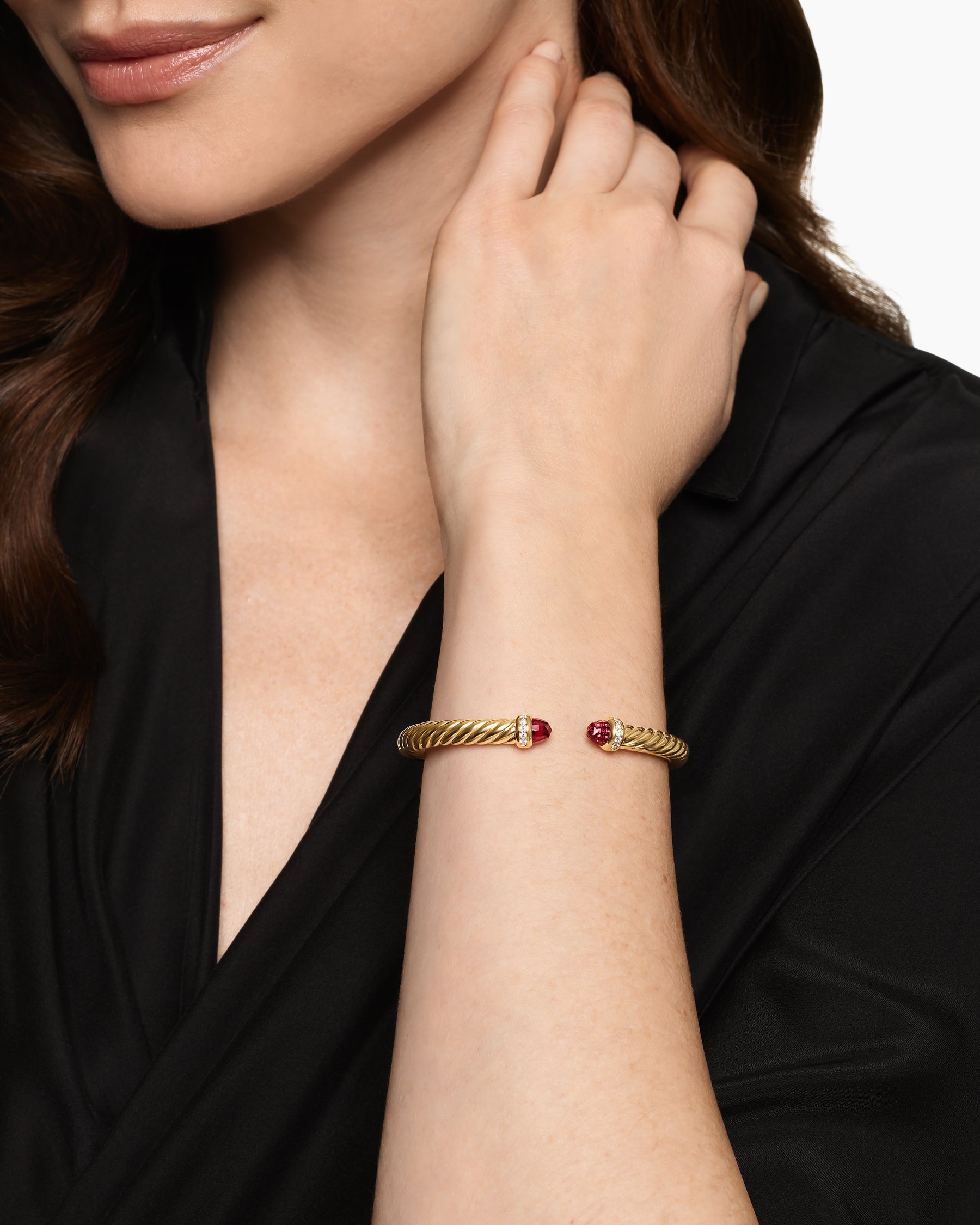 Alternative view of Cablespira Flex Bracelet in 18K Yellow Gold with Rhodolite Garnet and Diamonds, 6mm