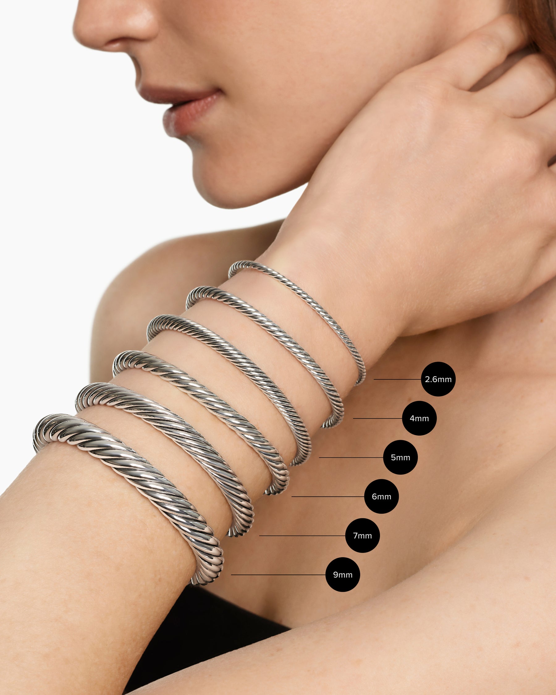 Cable Flex Bracelet in Sterling Silver with 14K Yellow Gold Domes and Diamonds, 6mm - Image 6