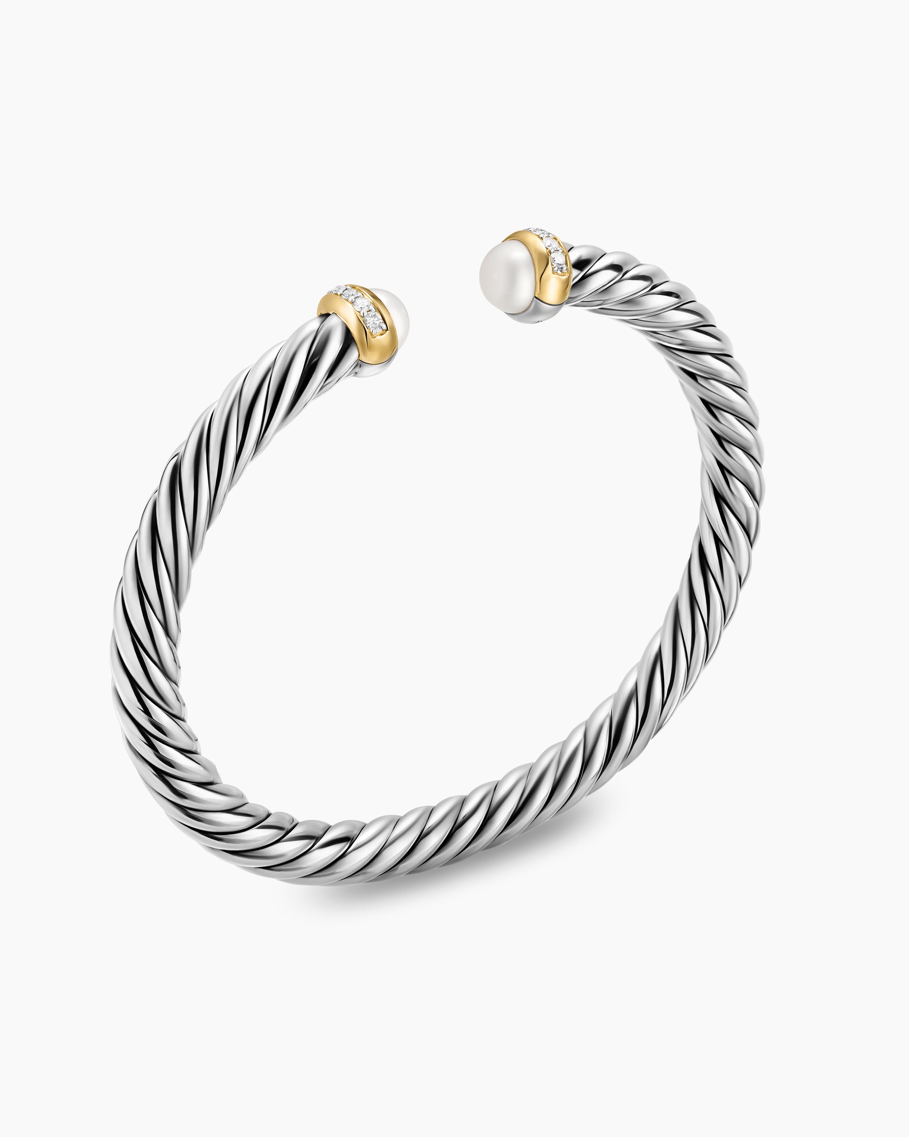 Alternative view of Cable Flex Bracelet in Sterling Silver with 14K Yellow Gold, Pearls and Diamonds, 6mm