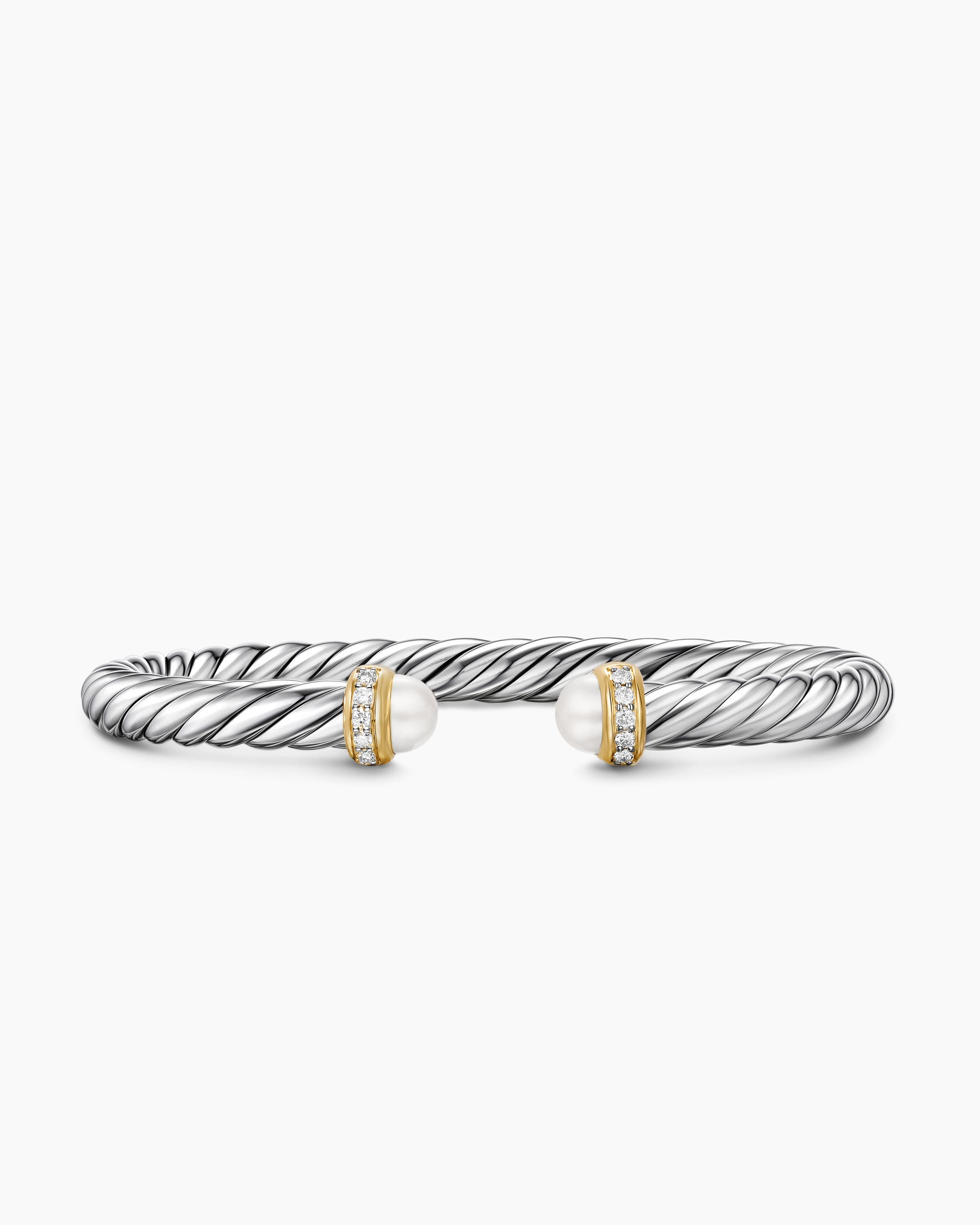 Cable Flex Bracelet in Sterling Silver with 14K Yellow Gold, Pearls and Diamonds, 6mm