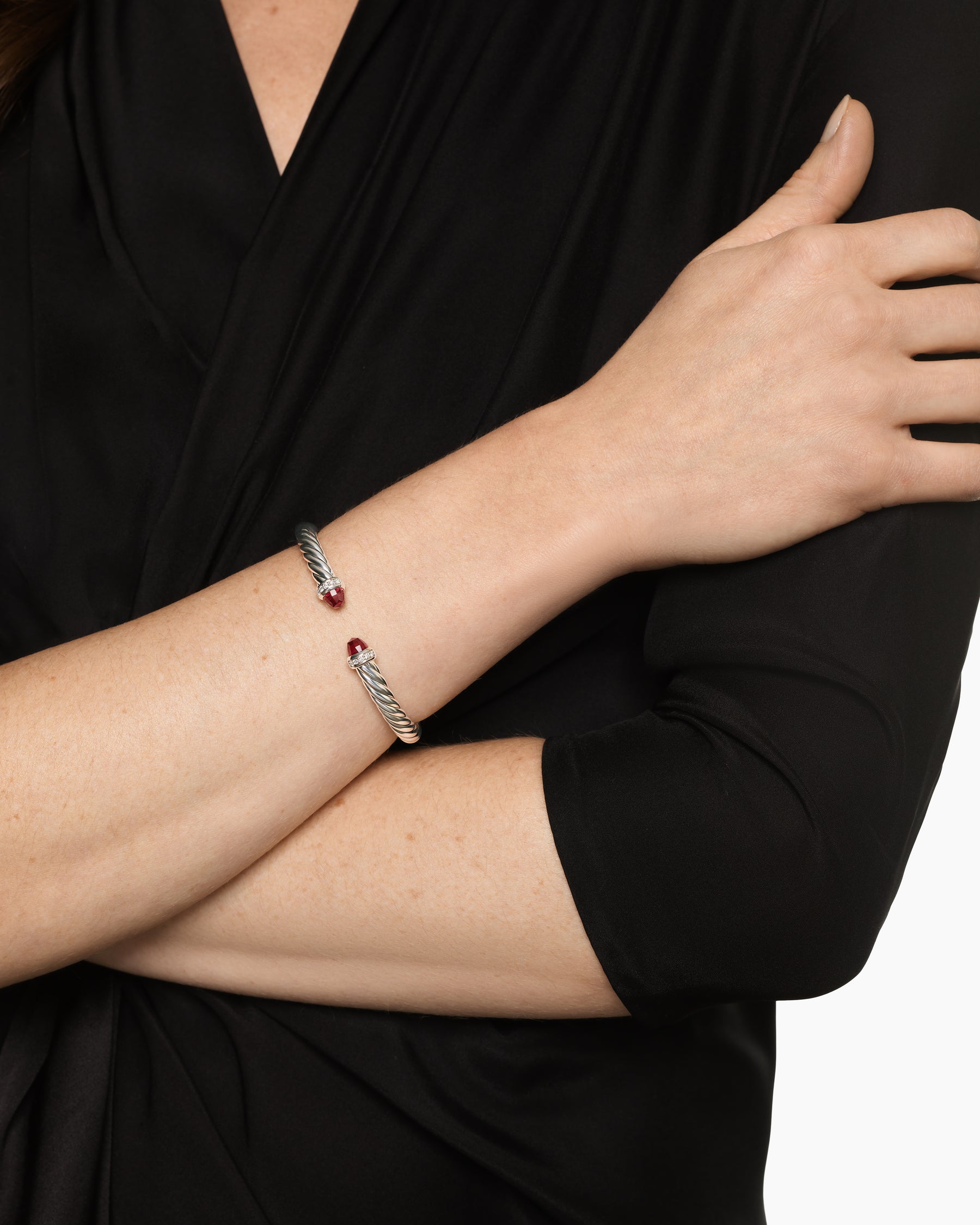 Alternative view of Cable Flex Bracelet in Sterling Silver with Rhodolite Garnet and Diamonds, 6mm