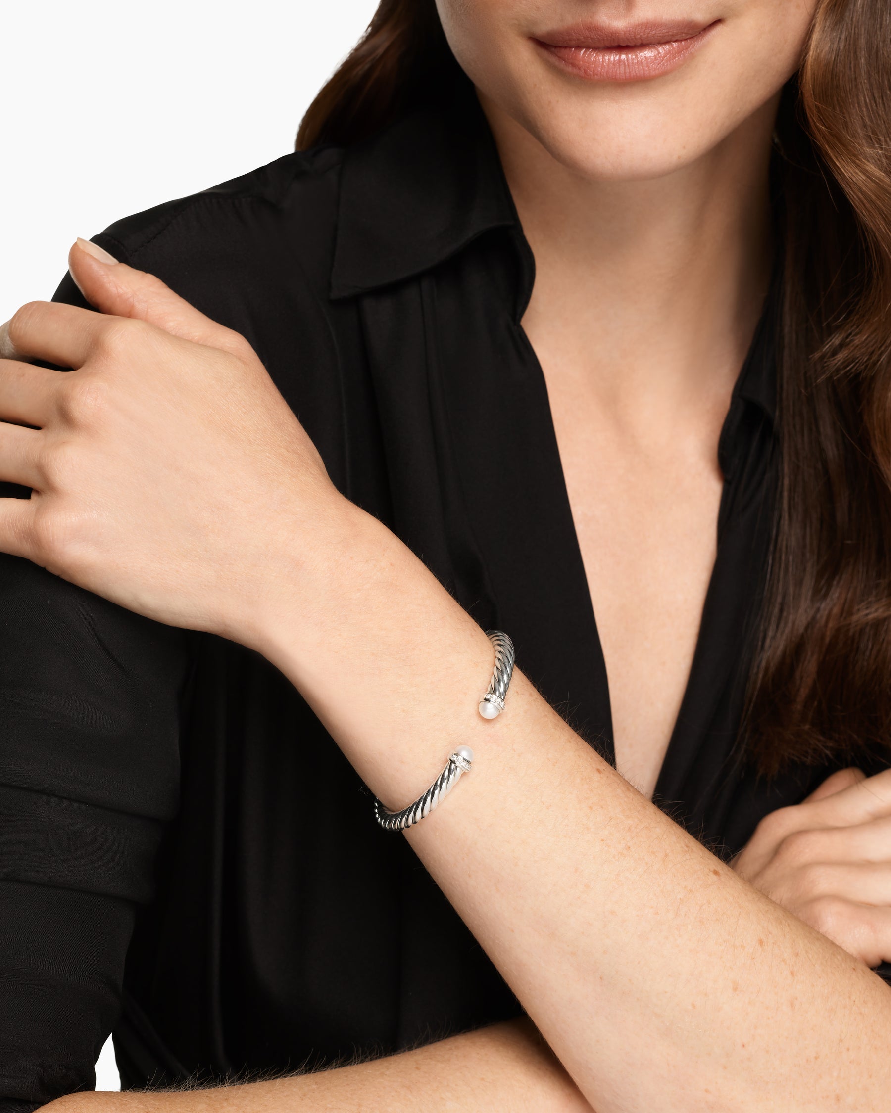 Alternative view of Cable Flex Bracelet in Sterling Silver with Pearls and Diamonds, 6mm