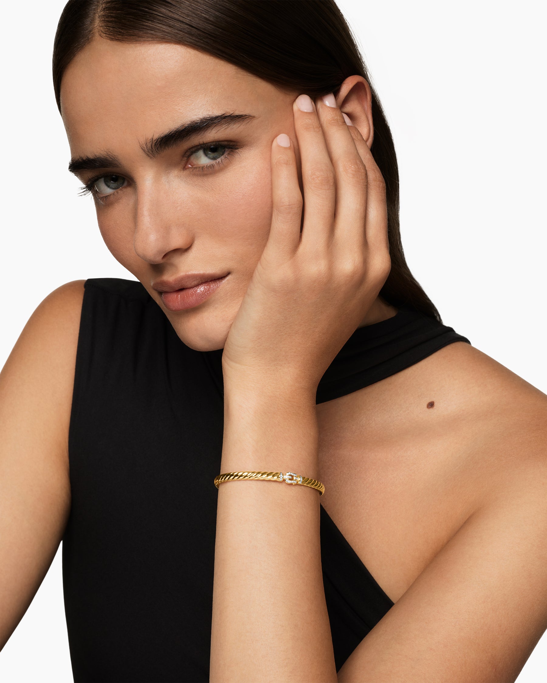 Alternative view of Sculpted Cable Buckle Bracelet in 18K Yellow Gold with Diamonds, 4.6mm