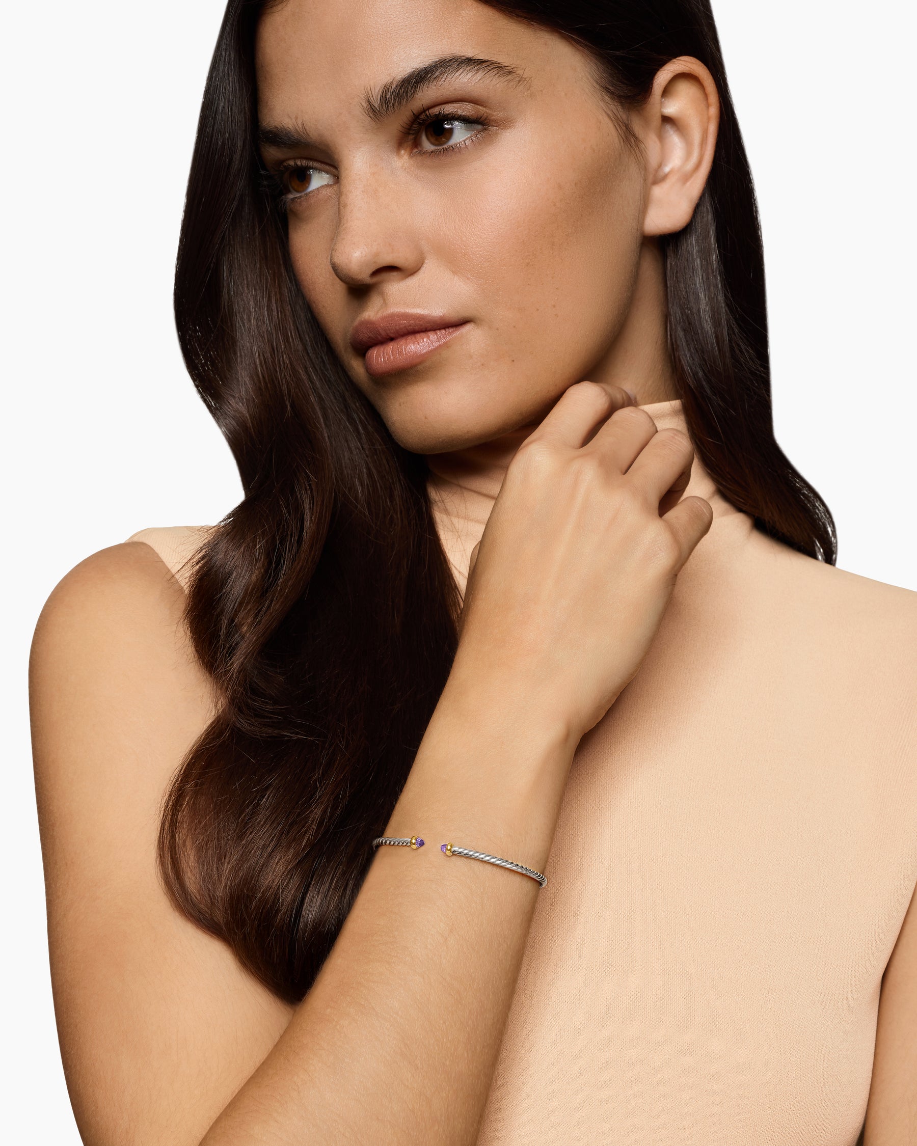 Alternative view of Micro Cable Flex Bracelet in Sterling Silver with 14K Yellow Gold and Amethyst, 2.6mm