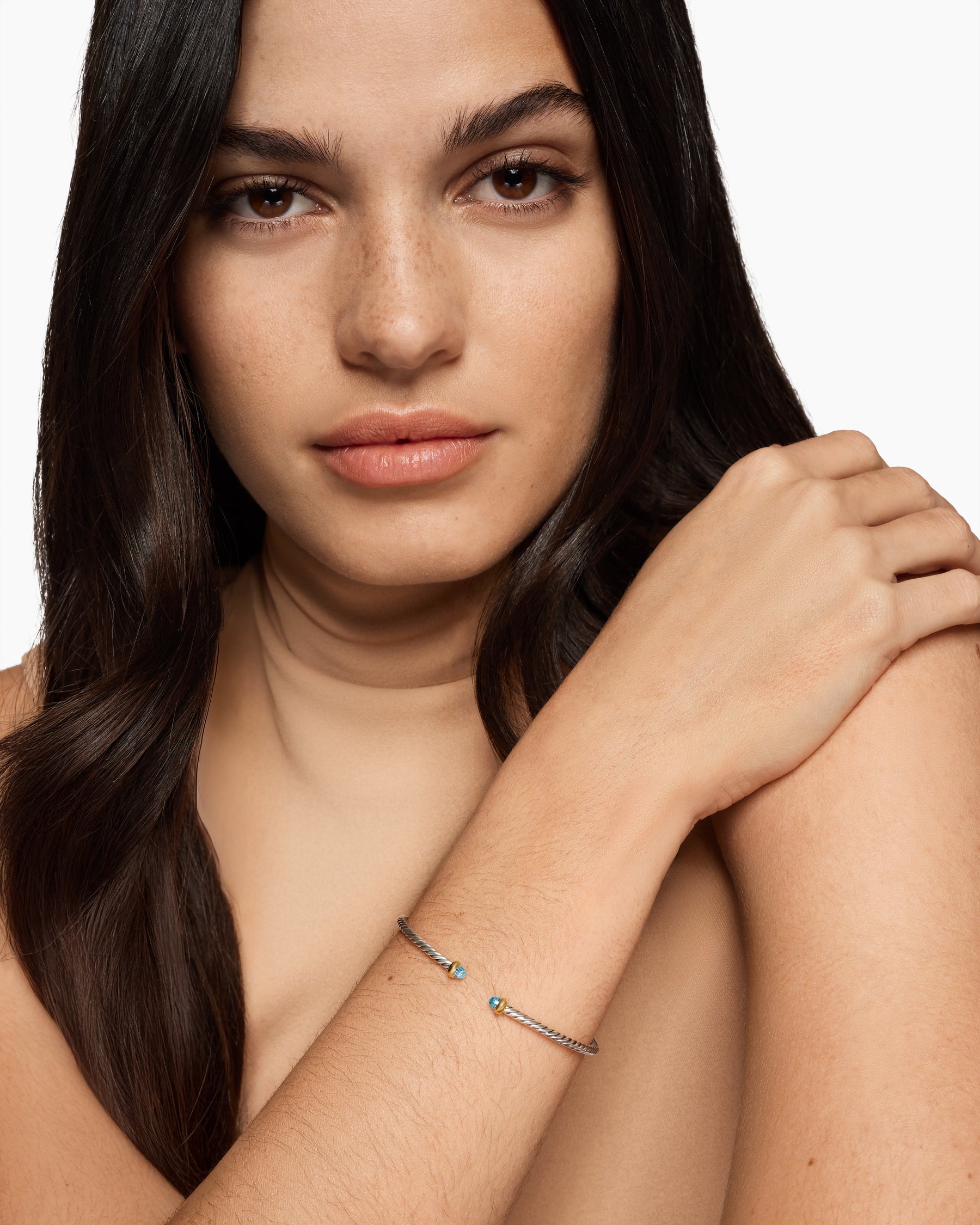 Alternative view of Micro Cable Flex Bracelet in Sterling Silver with 14K Yellow Gold and Blue Topaz, 2.6mm