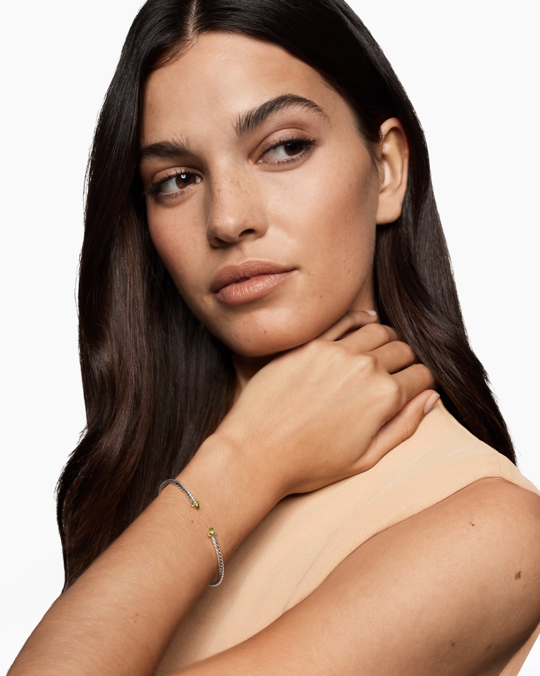Alternative view of Micro Cable Flex Bracelet in Sterling Silver with 14K Yellow Gold and Peridot, 2.6mm