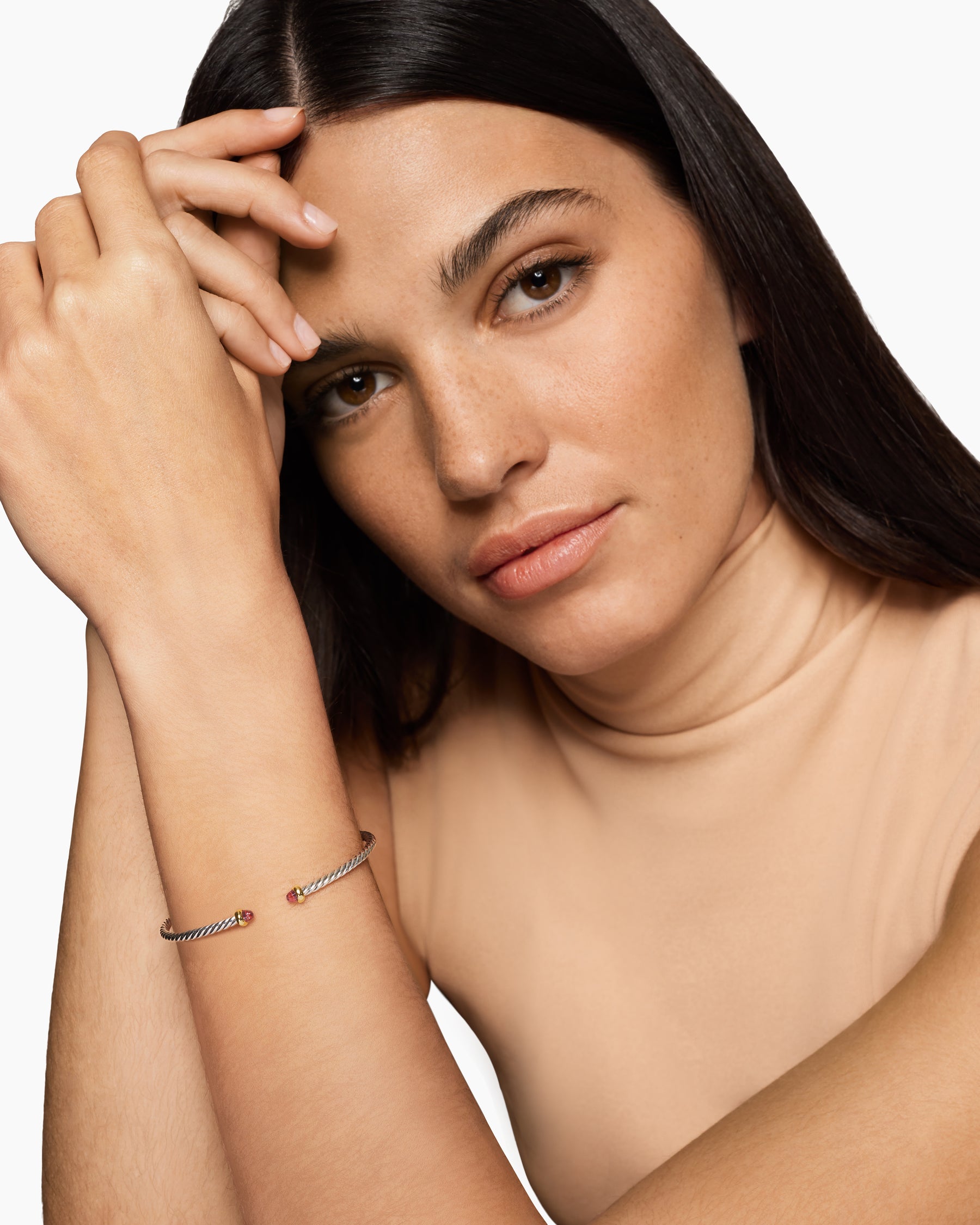 Alternative view of Micro Cable Flex Bracelet in Sterling Silver with 14K Yellow Gold and Rhodolite Garnets, 2.6mm