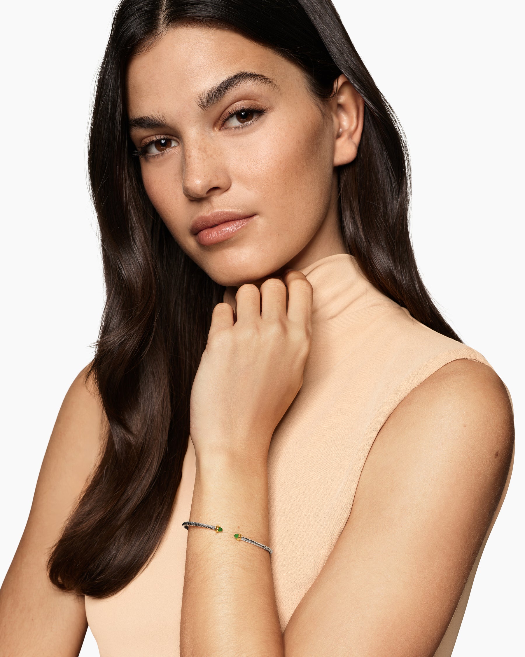 Alternative view of Micro Cable Flex Bracelet in Sterling Silver with 14K Yellow Gold and Emeralds, 2.6mm