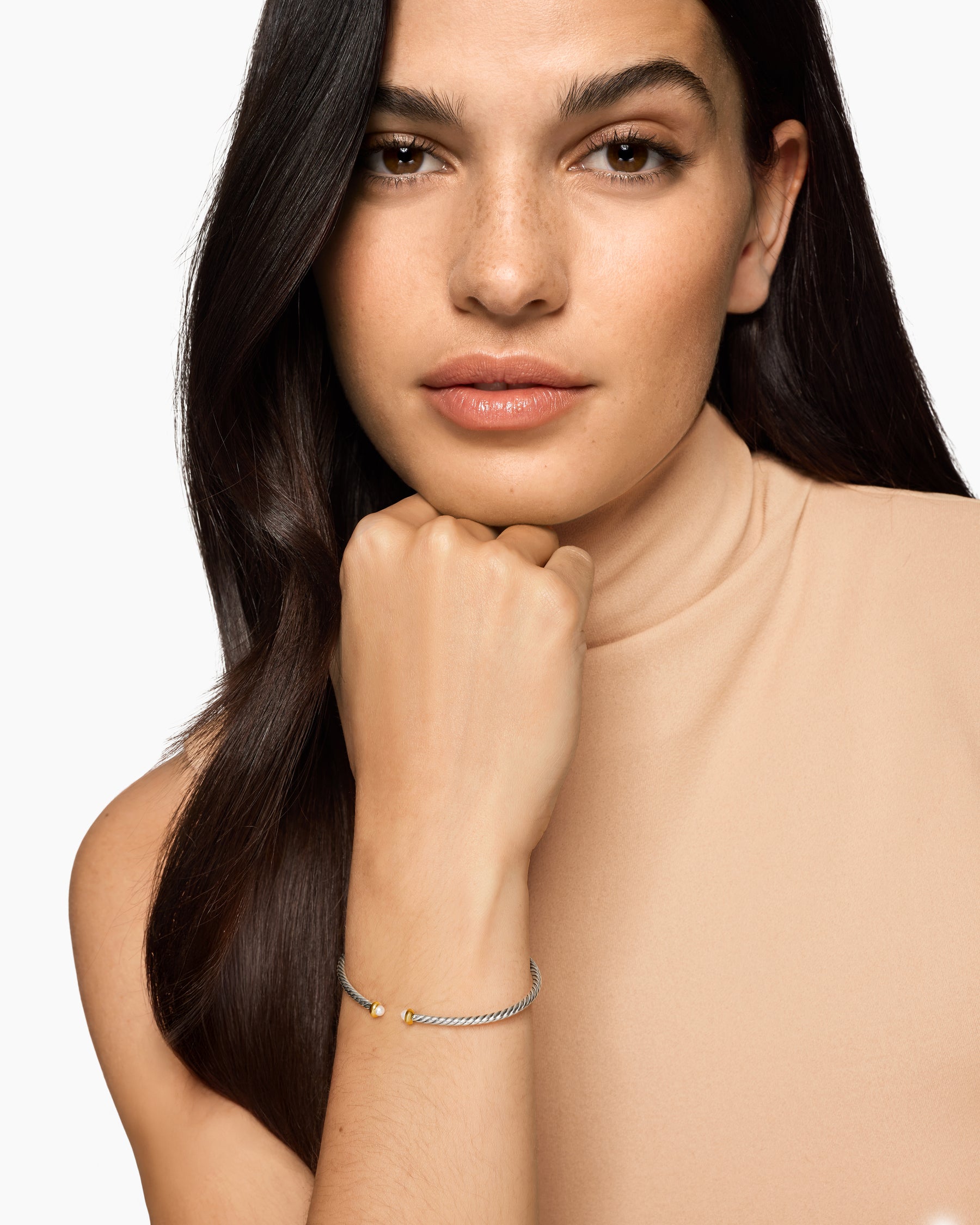 Alternative view of Micro Cable Flex Bracelet in Sterling Silver with 14K Yellow Gold and Pearls, 2.6mm