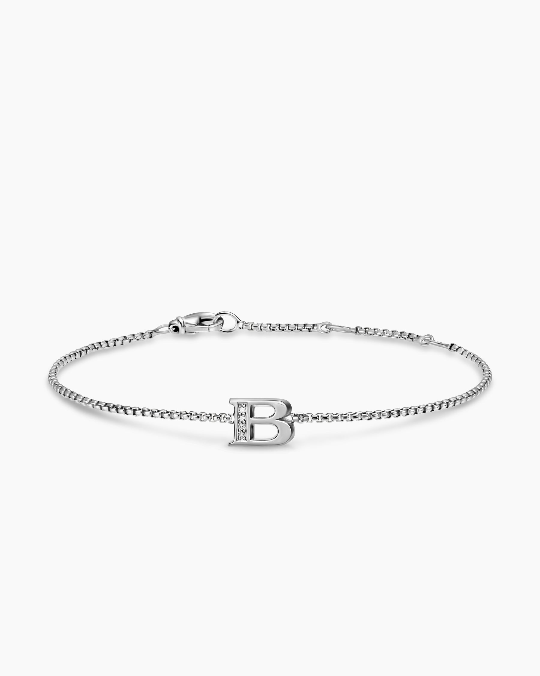 Petite Initial Chain Bracelet in Sterling Silver with Diamond B