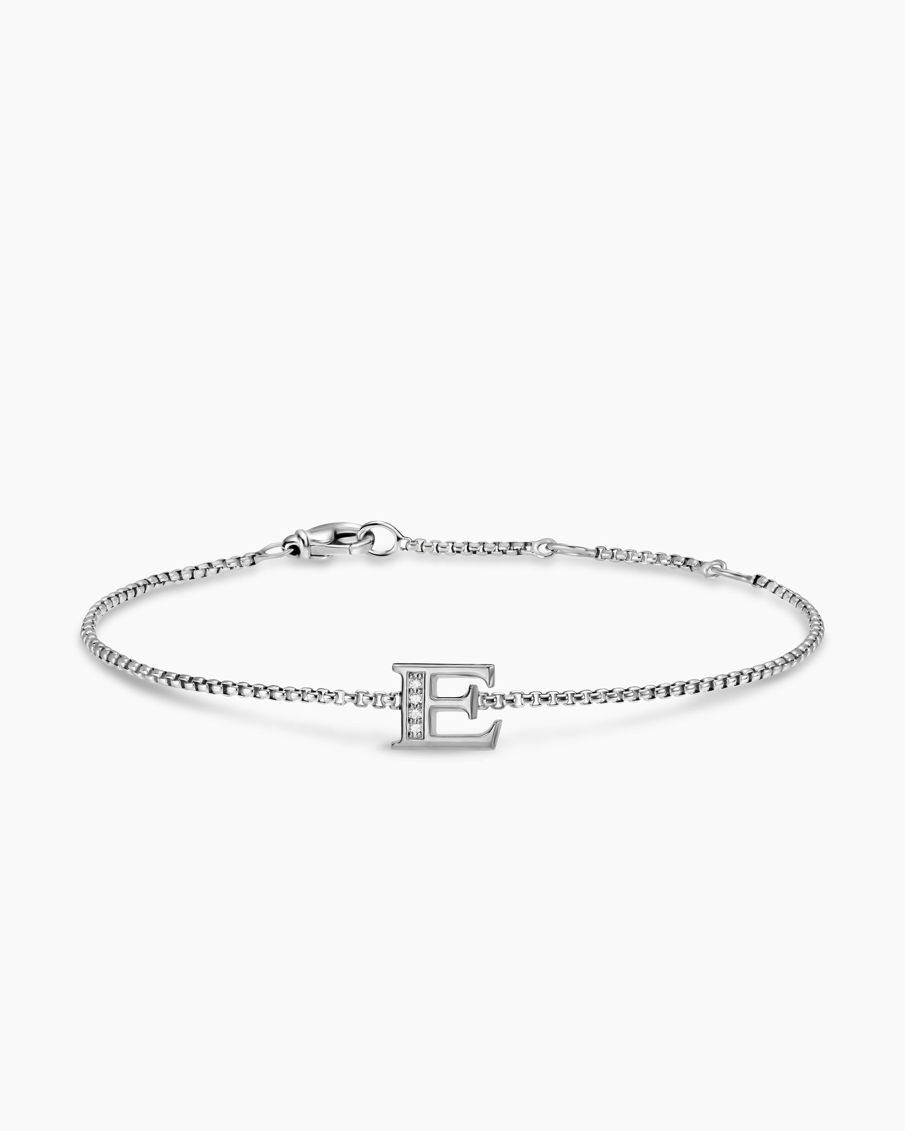 Petite Initial Chain Bracelet in Sterling Silver with Diamond E