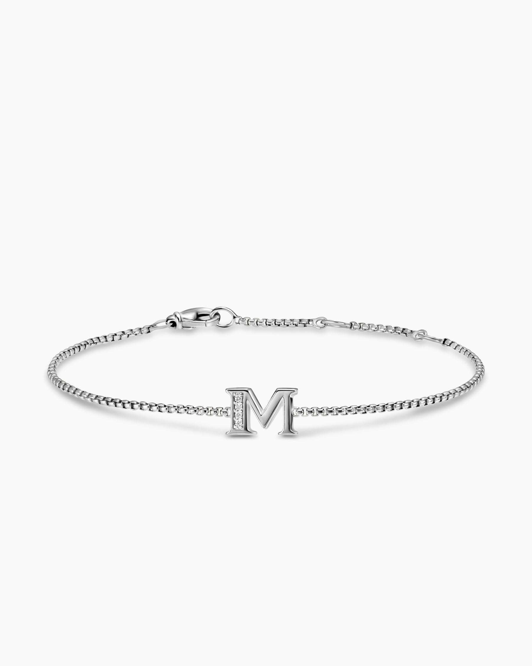 Petite Initial Chain Bracelet in Sterling Silver with Diamond M