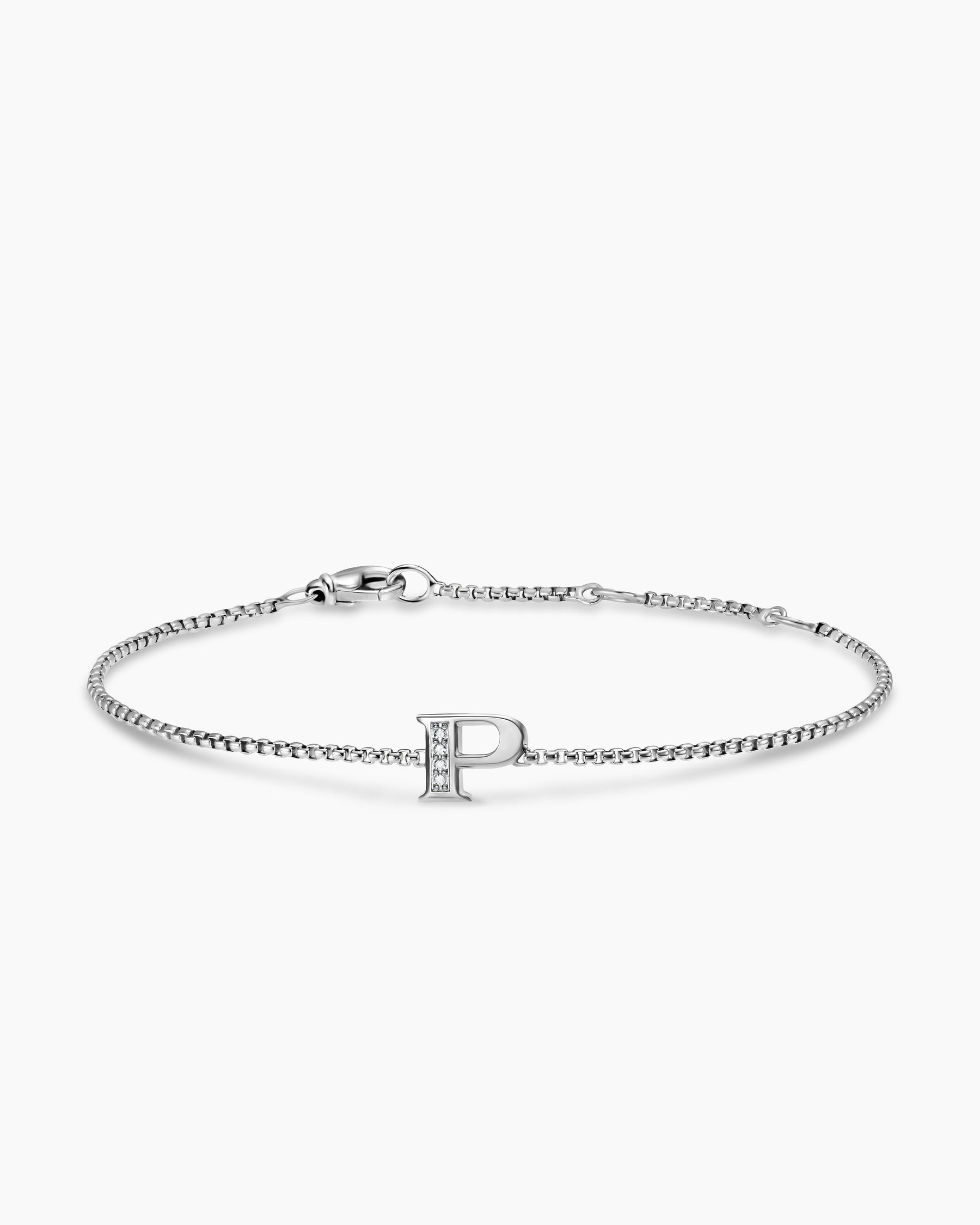 Petite Initial Chain Bracelet in Sterling Silver with Diamond P