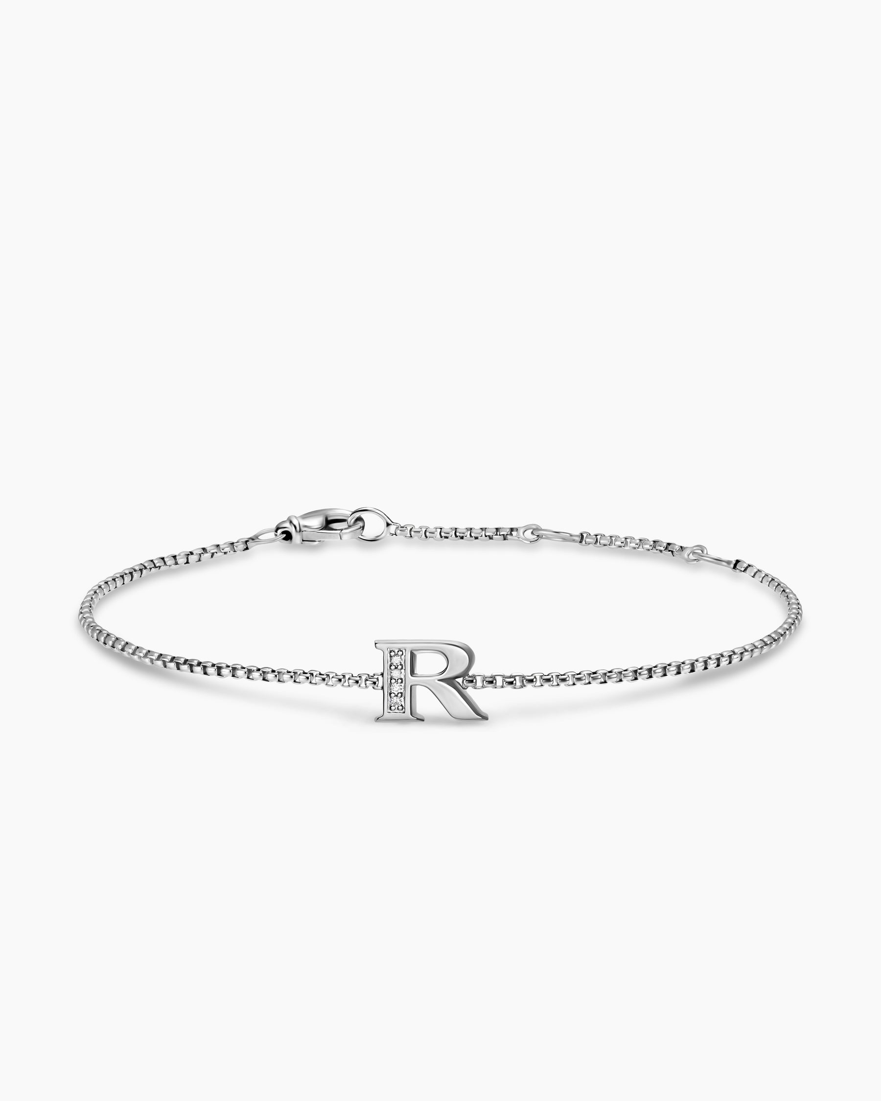 Petite Initial Chain Bracelet in Sterling Silver with Diamond R