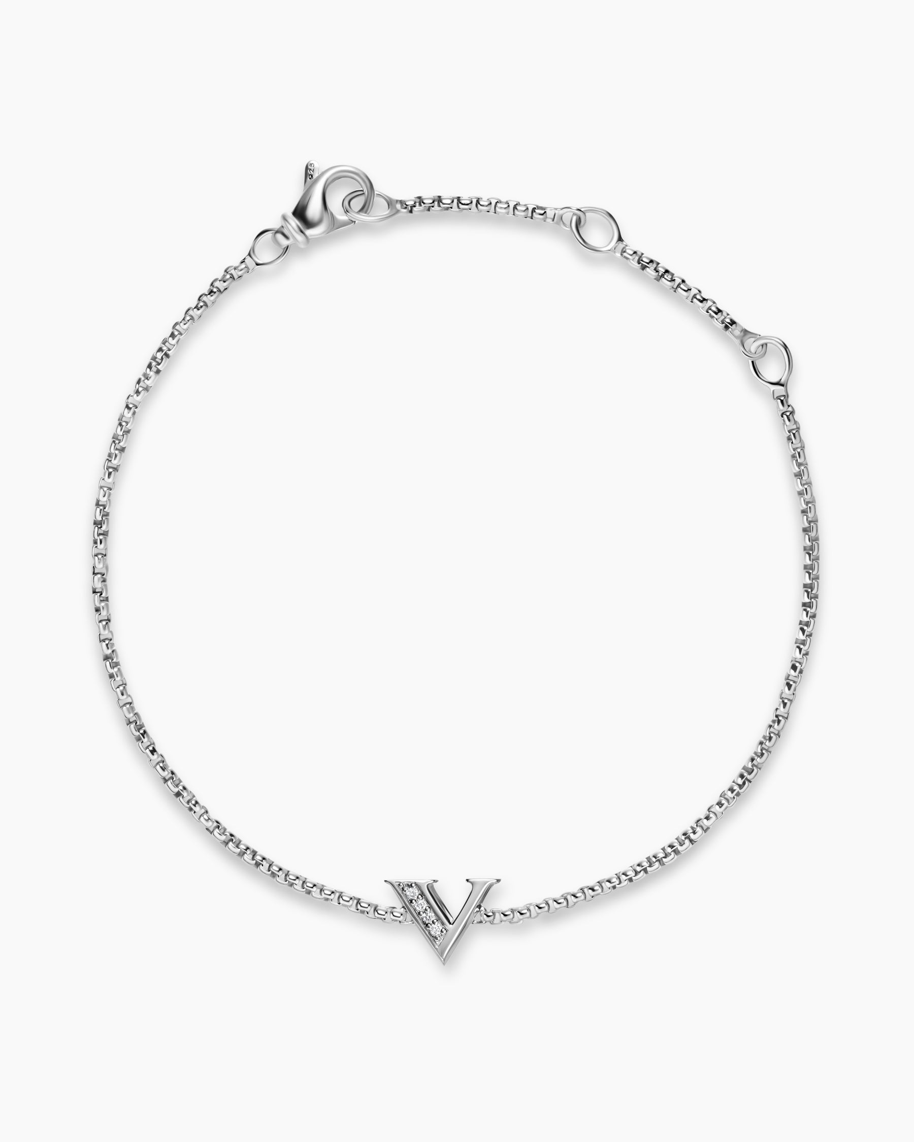 Alternative view of Petite Initial Chain Bracelet in Sterling Silver with Diamond V