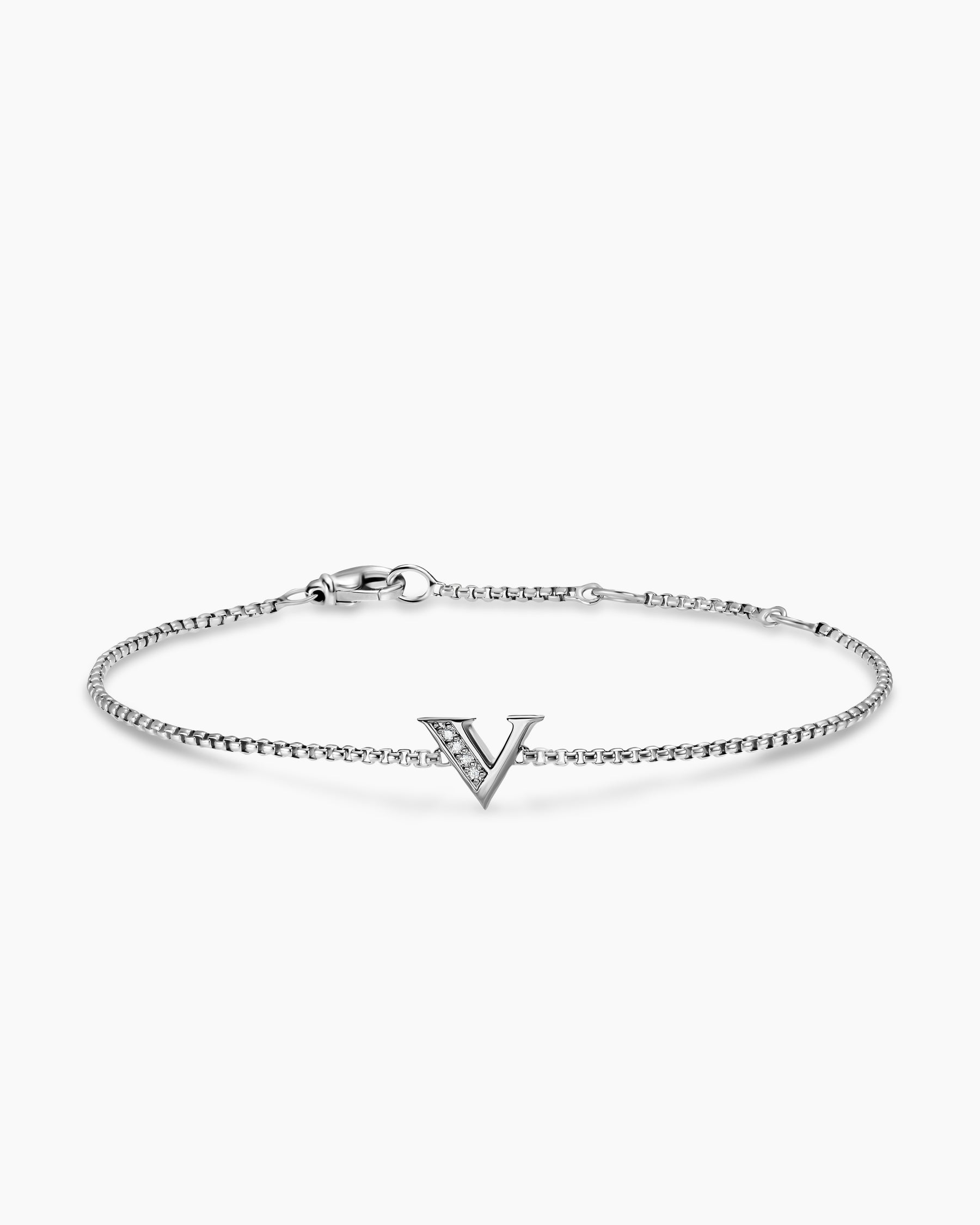Petite Initial Chain Bracelet in Sterling Silver with Diamond V