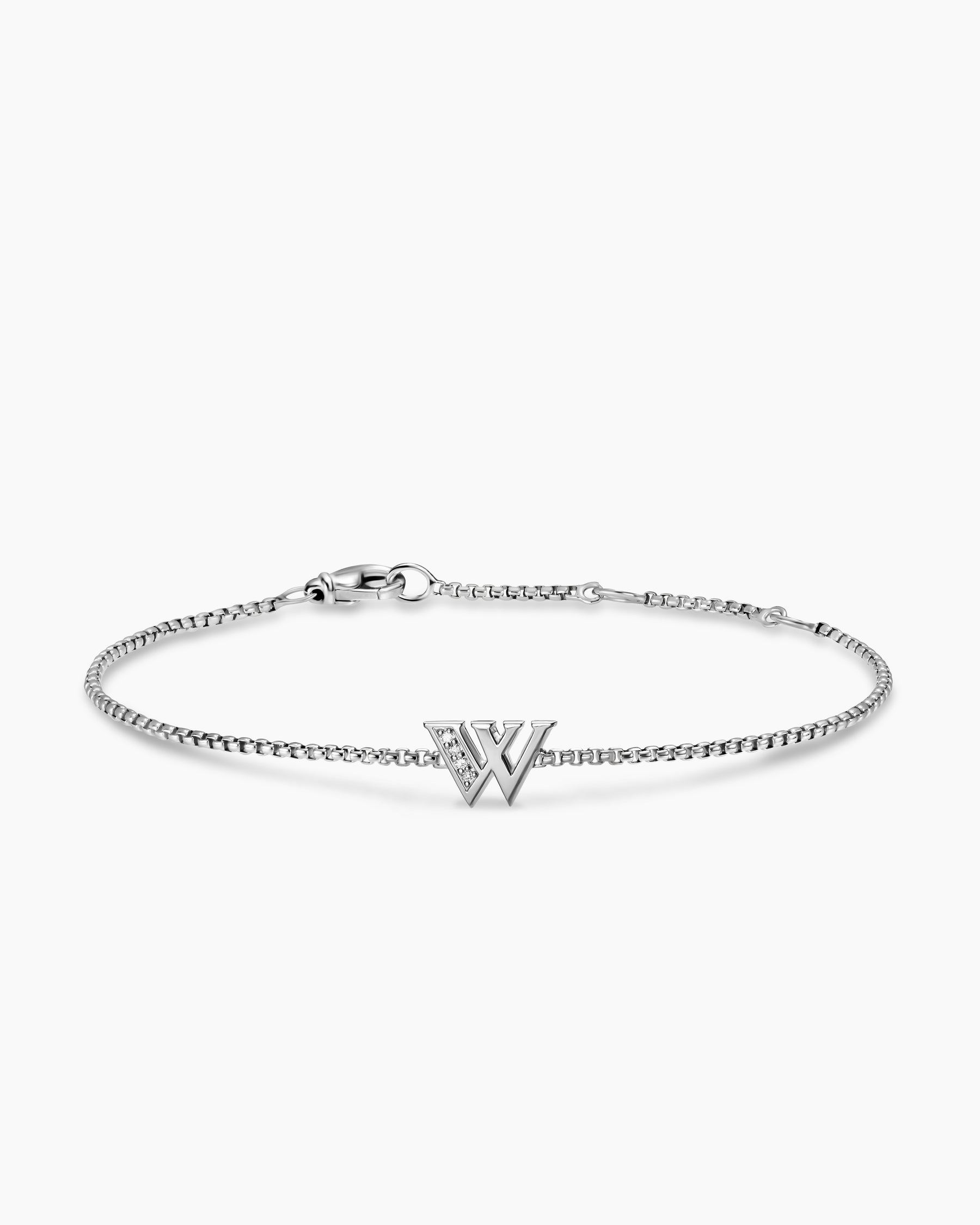 Petite Initial Chain Bracelet in Sterling Silver with Diamond W