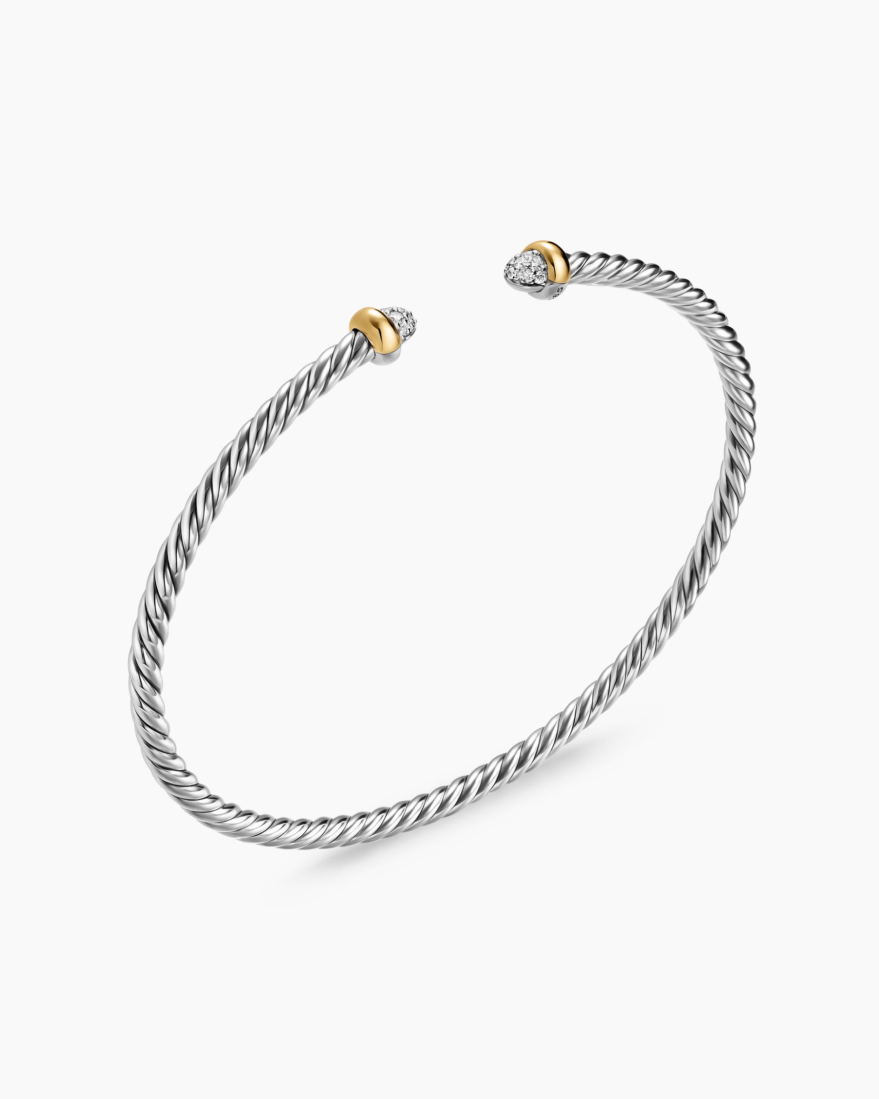 Micro Cable Flex Bracelet in Sterling Silver with 14K Yellow Gold and Pavé Diamond Domes, 2.6mm - Image 3
