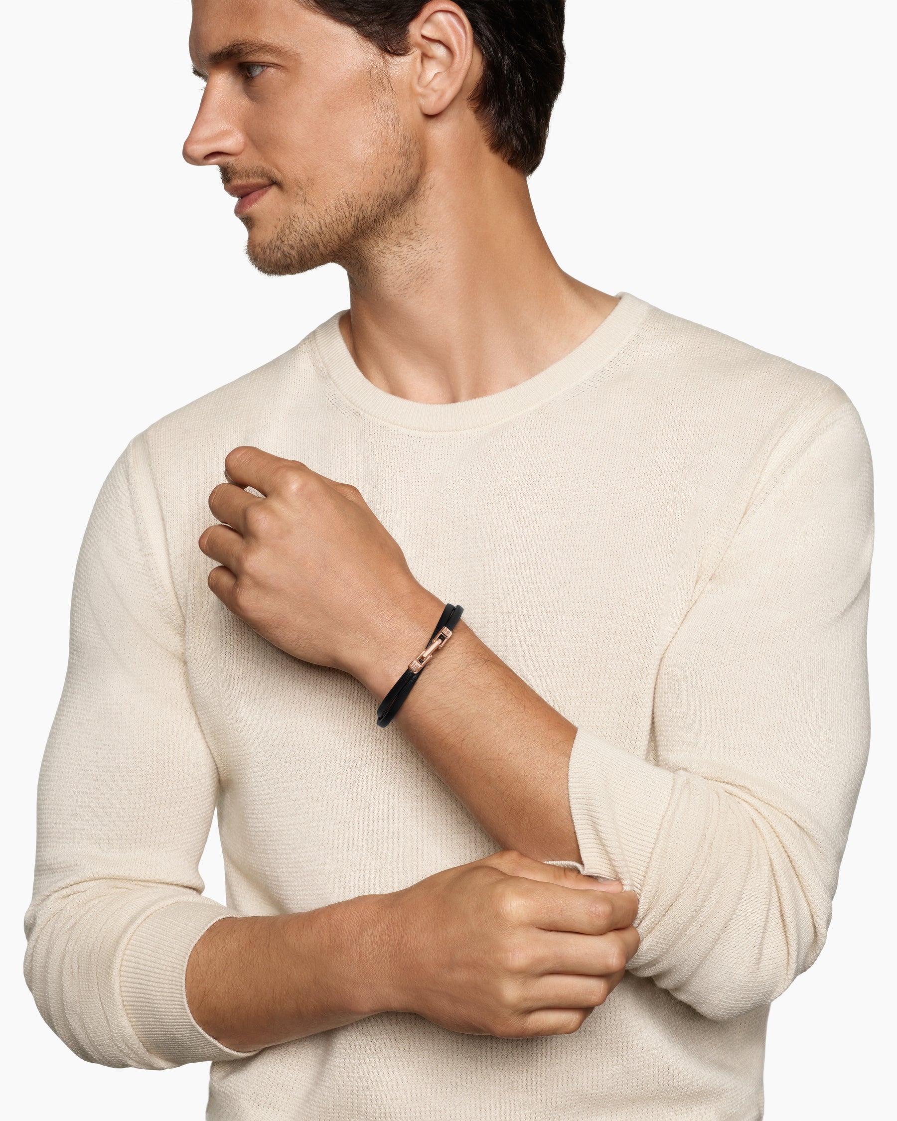 Alternative view of Streamline Double Wrap Black Leather Bracelet with 18K Rose Gold, 5.2mm