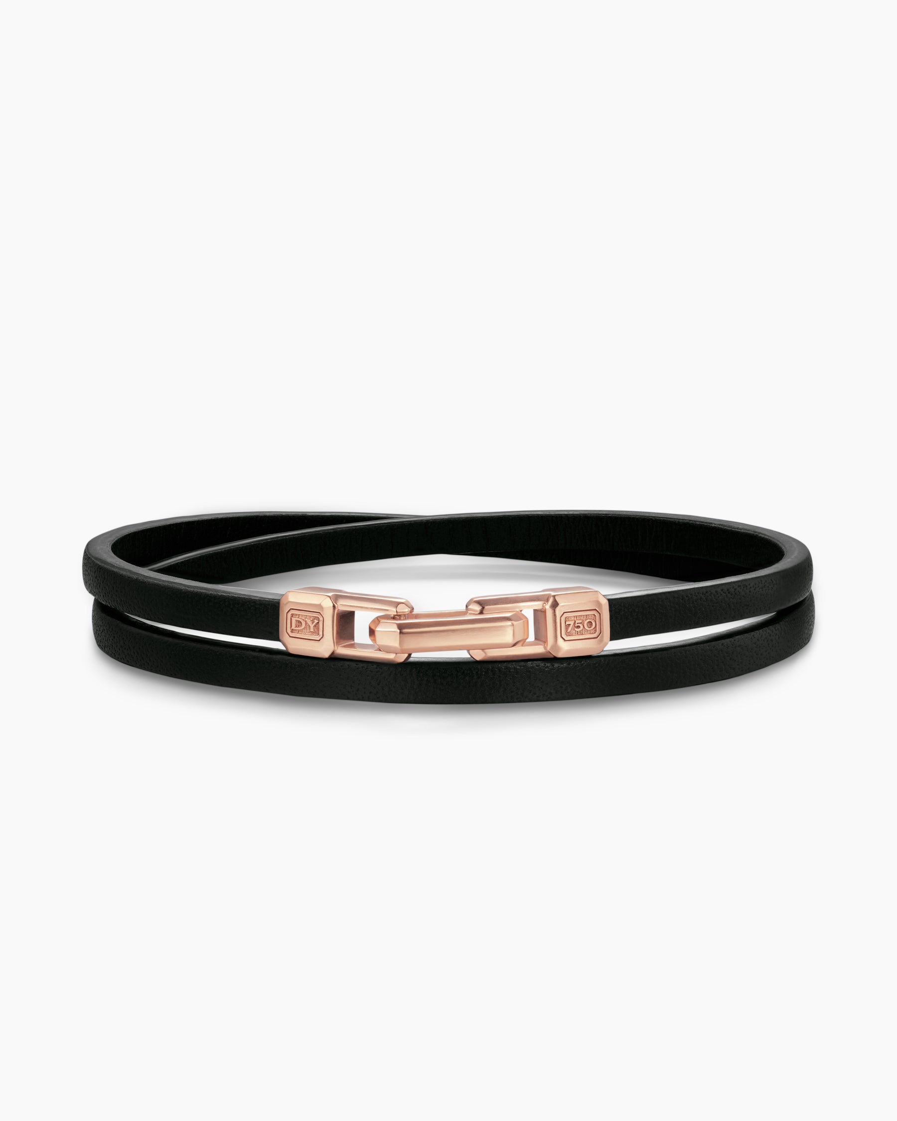 Streamline Double Wrap Black Leather Bracelet with 18K Rose Gold, 5.2mm