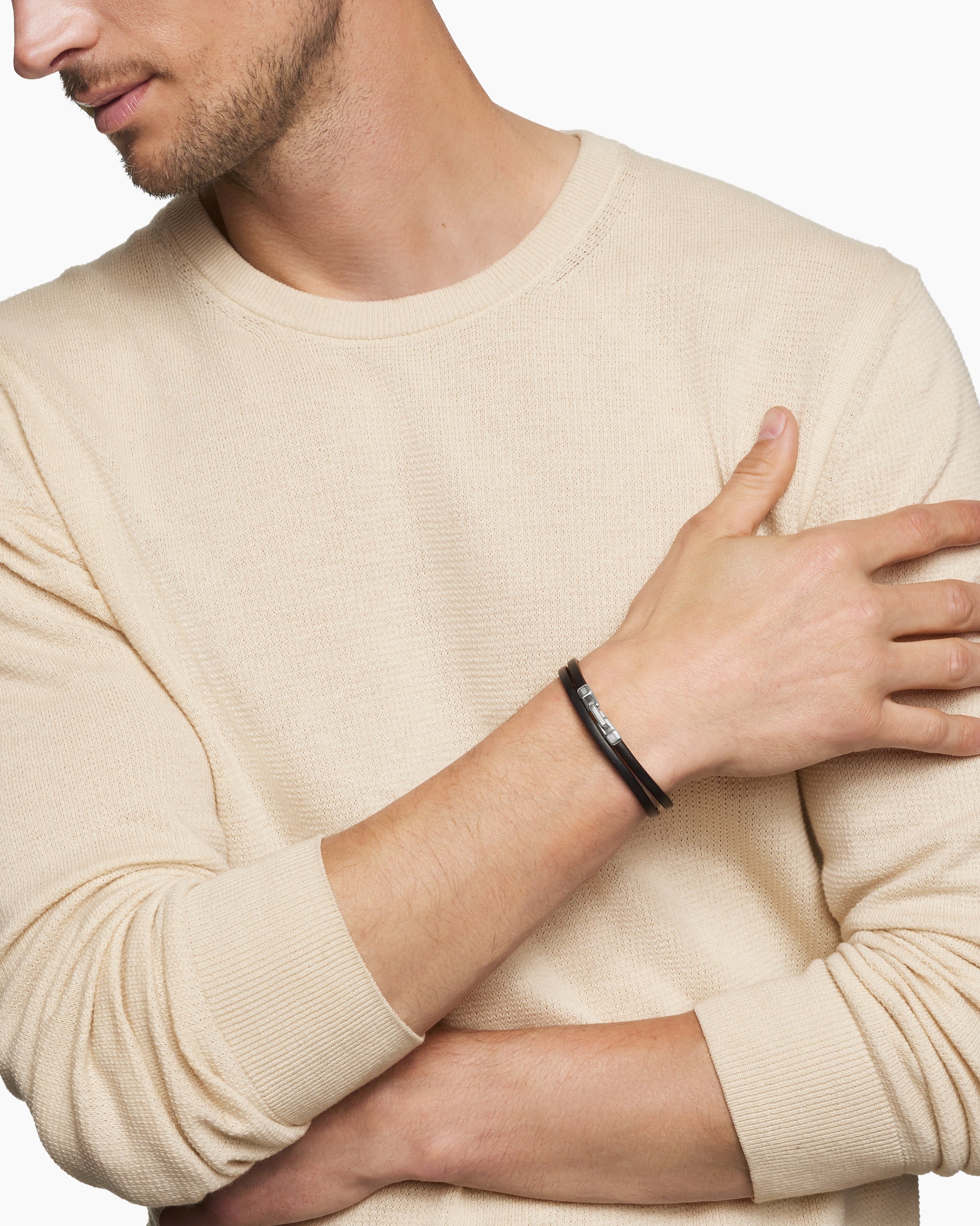 Alternative view of Streamline Double Wrap Bracelet in Black Leather with Sterling Silver, 5.2mm