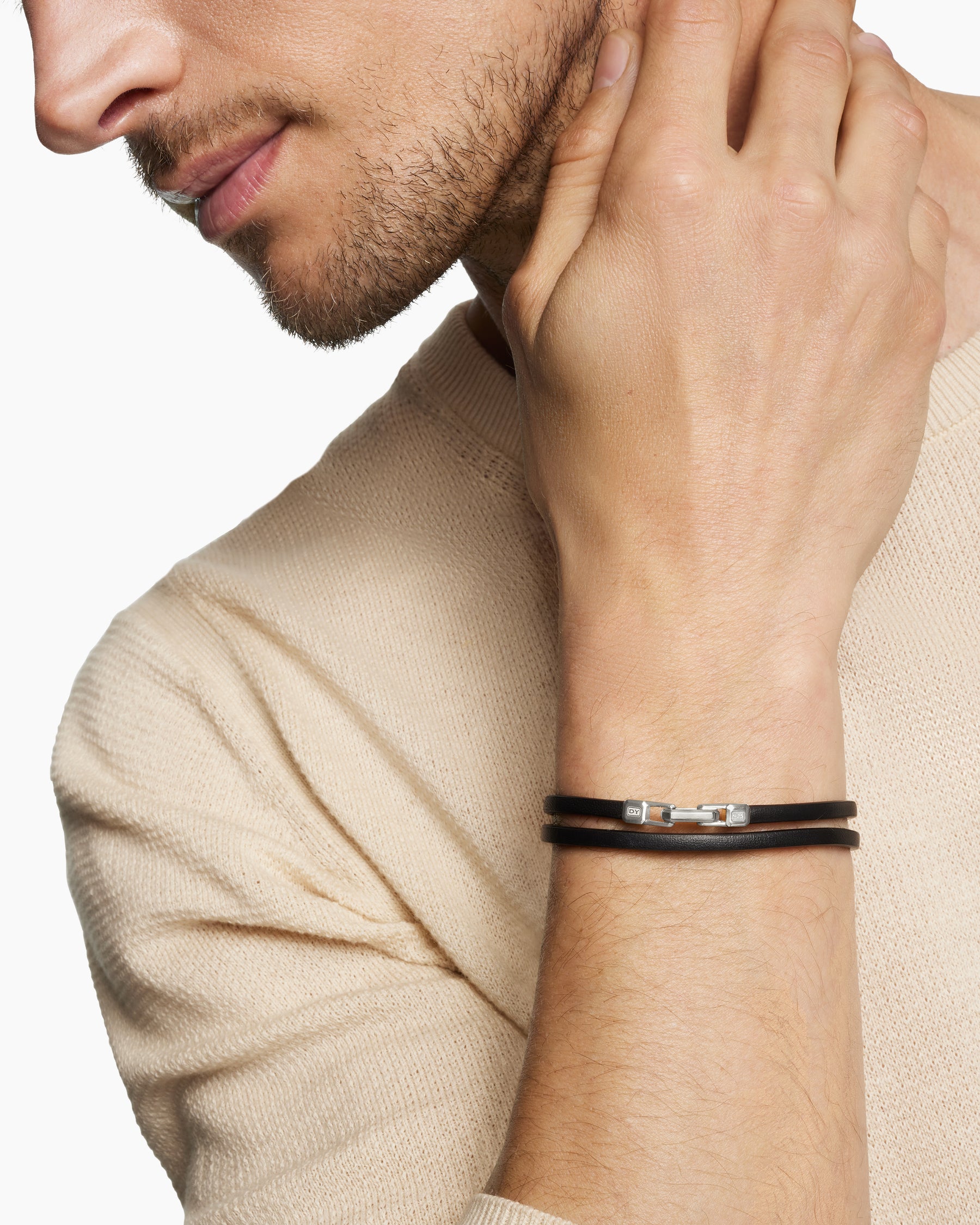 Streamline Double Wrap Bracelet in Black Leather with Sterling Silver, 5.2mm - Image 8