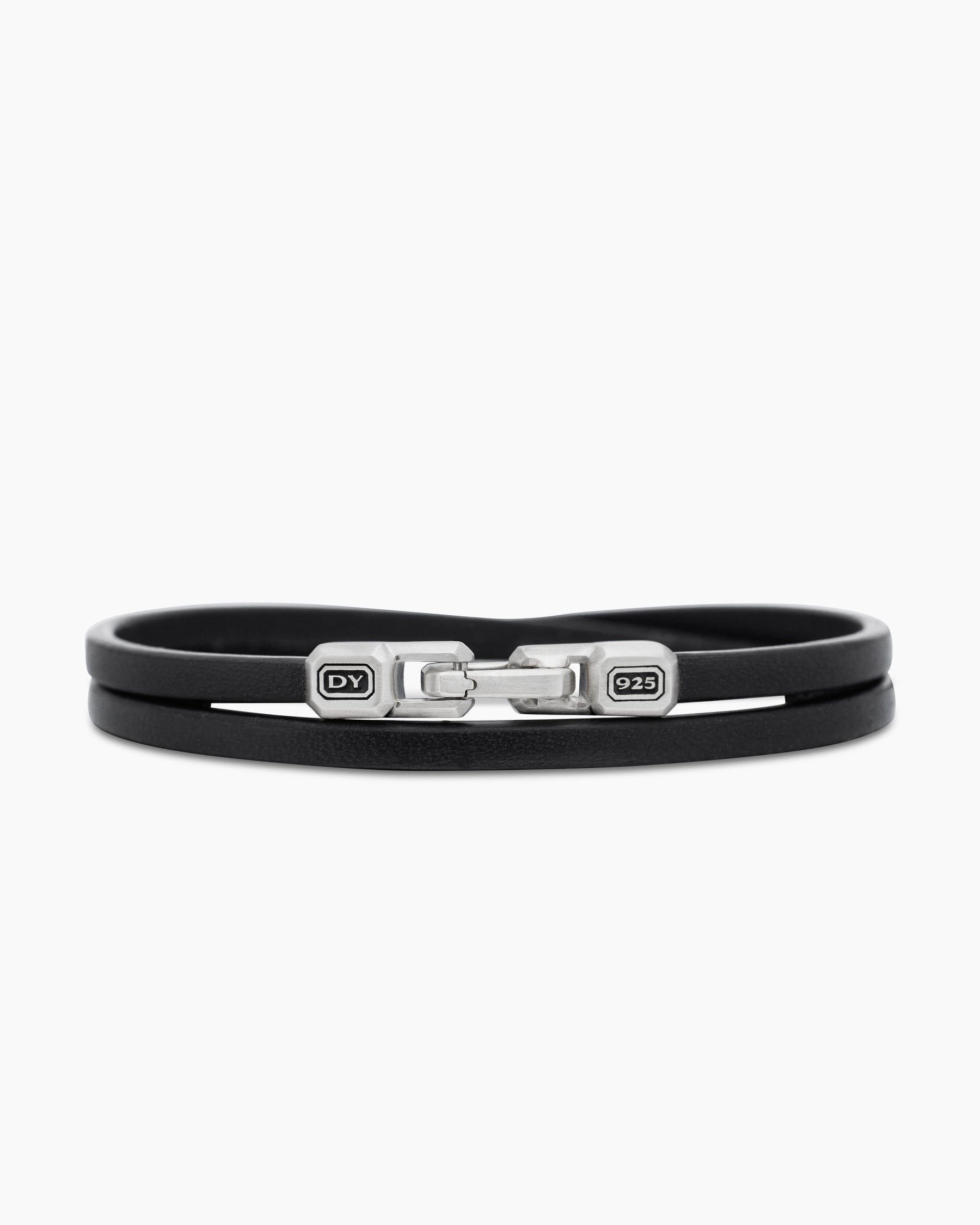 Streamline Double Wrap Bracelet in Black Leather with Sterling Silver, 5.2mm