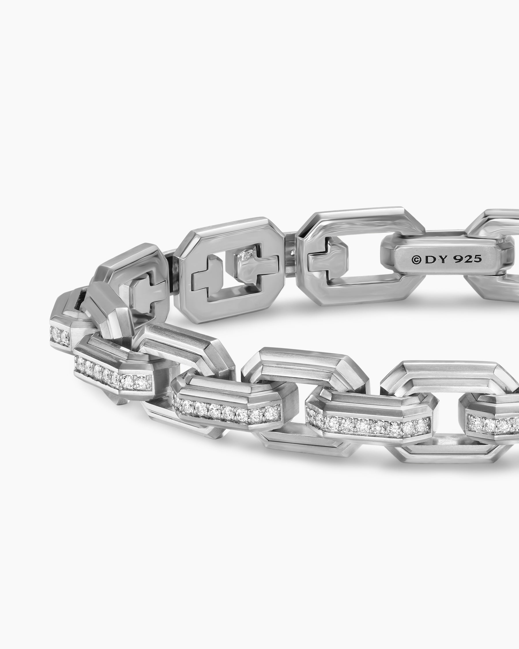 Faceted Flat Link Bracelet in Sterling Silver with Diamonds, 11mm - Image 5