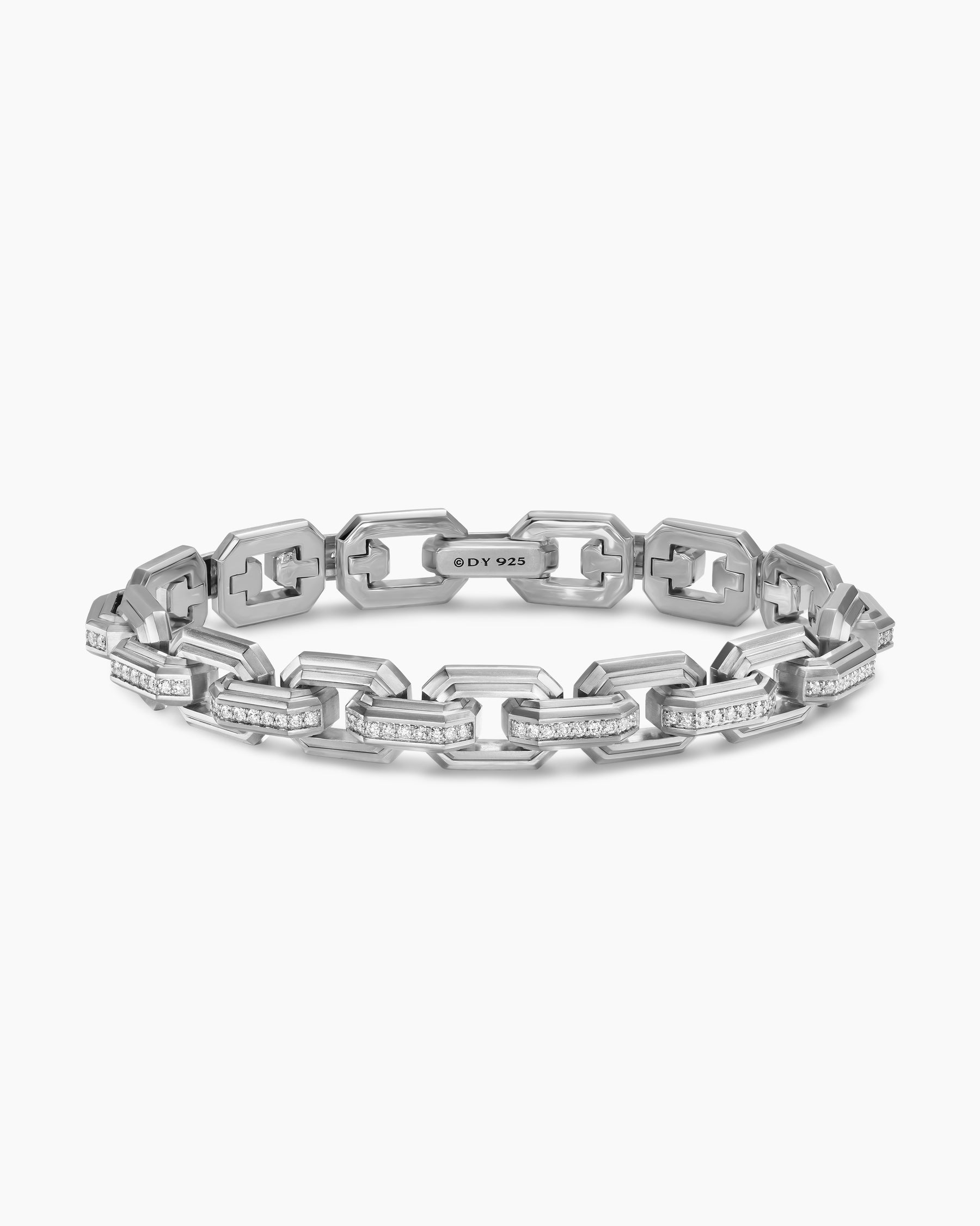 Faceted Flat Link Bracelet in Sterling Silver with Diamonds, 11mm