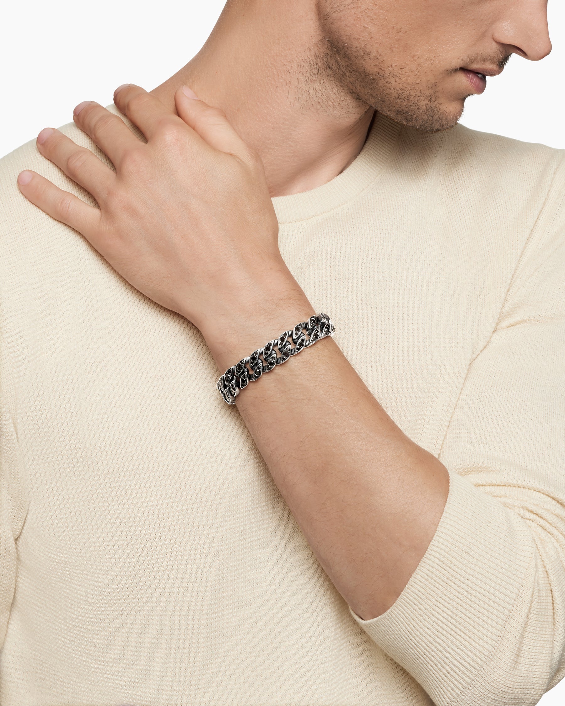 Alternative view of Curb Chain Bracelet in Sterling Silver with Black Diamonds, 14.5mm