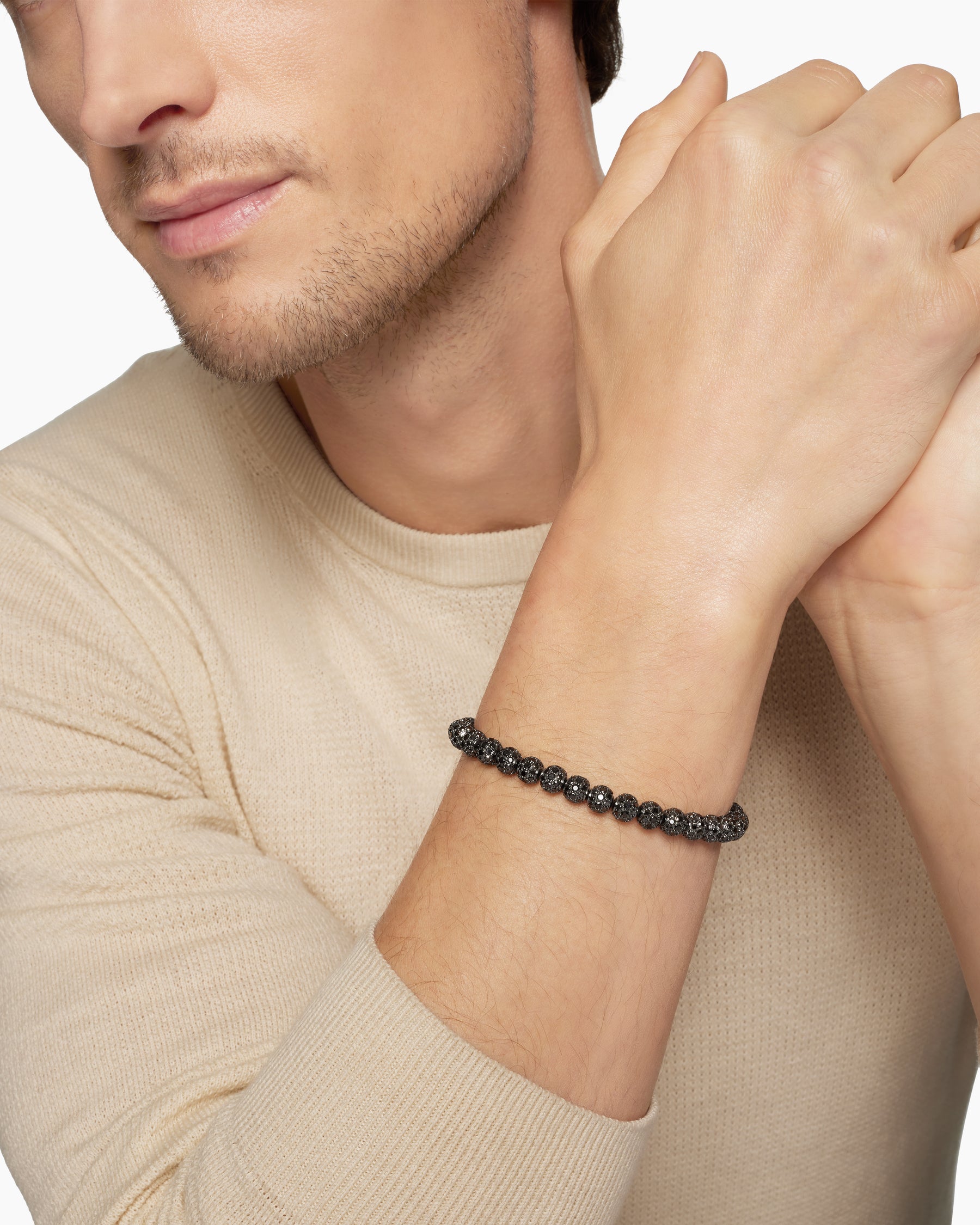 Spiritual Beads Bracelet in Sterling Silver with Pavé Black Diamonds, 6mm - Image 8