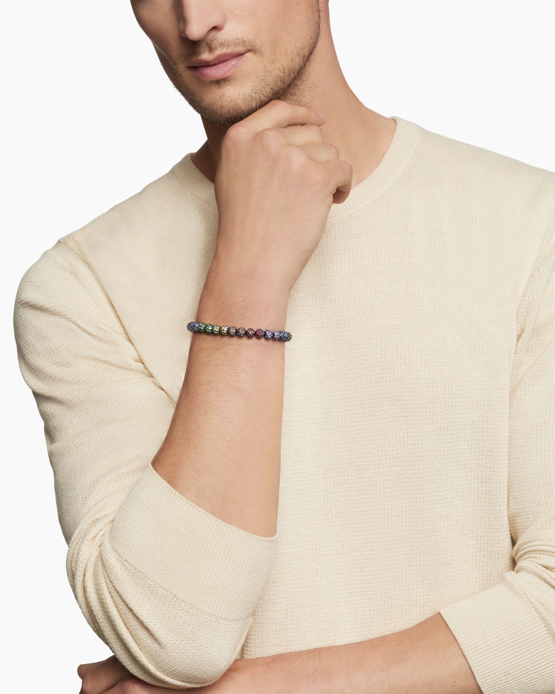 Alternative view of Spiritual Beads Bracelet in Sterling Silver with Rainbow Pavé, 6mm