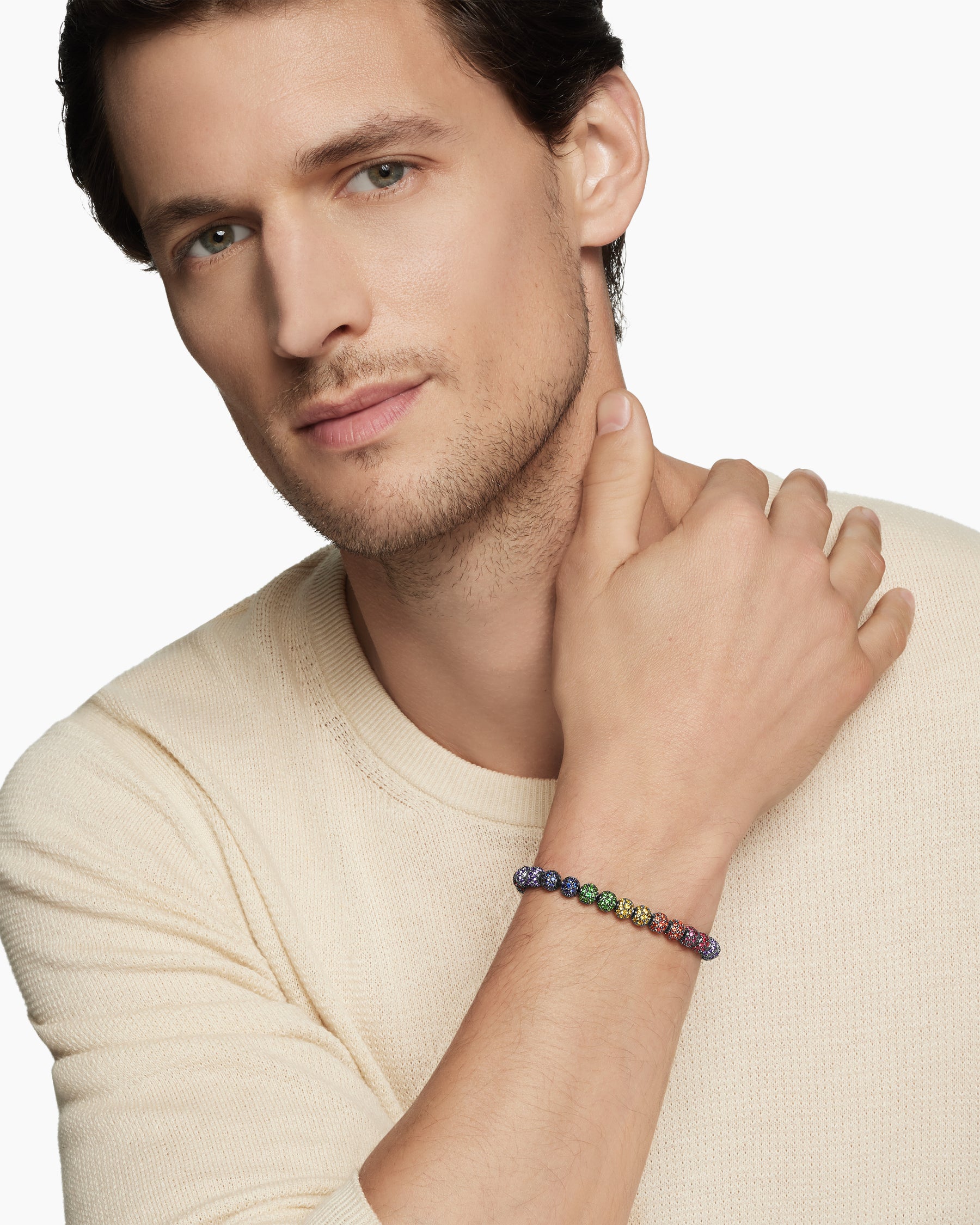 Spiritual Beads Bracelet in Sterling Silver with Rainbow Pavé, 6mm - Image 8