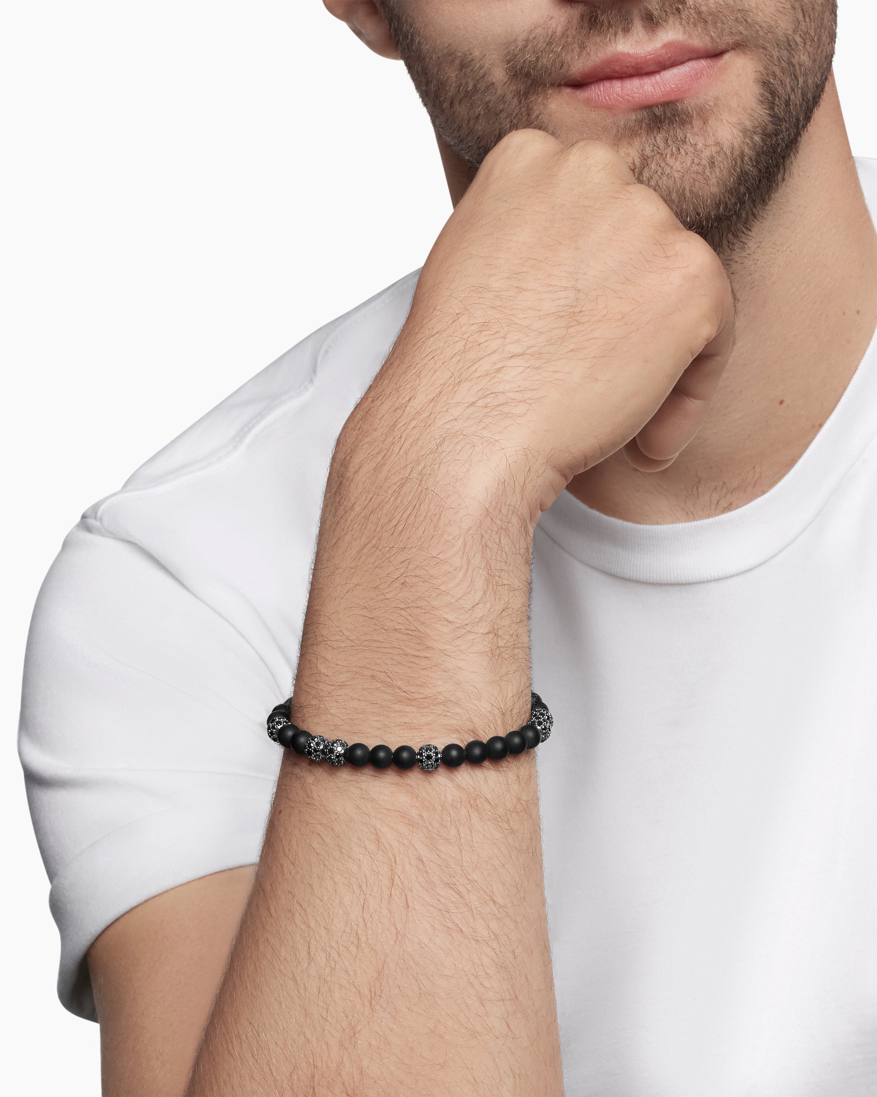 Spiritual Beads Bracelet in Sterling Silver with Black Onyx and Pavé Black Diamonds, 6mm - Image 8