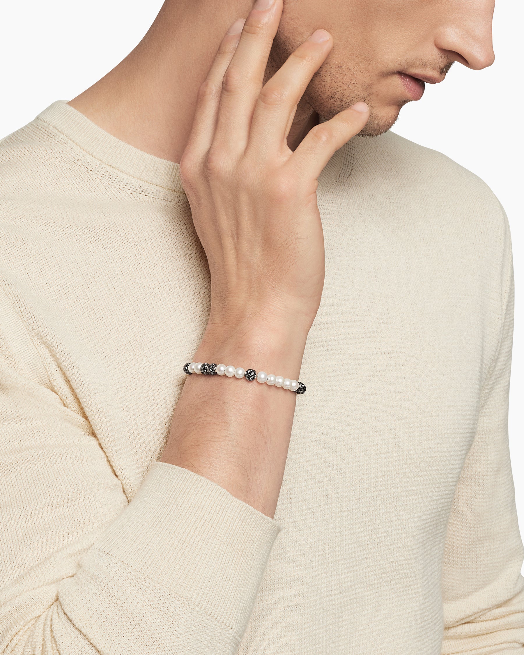 Alternative view of Spiritual Beads Bracelet in Sterling Silver with Pearls and Pavé Black Diamonds, 6mm