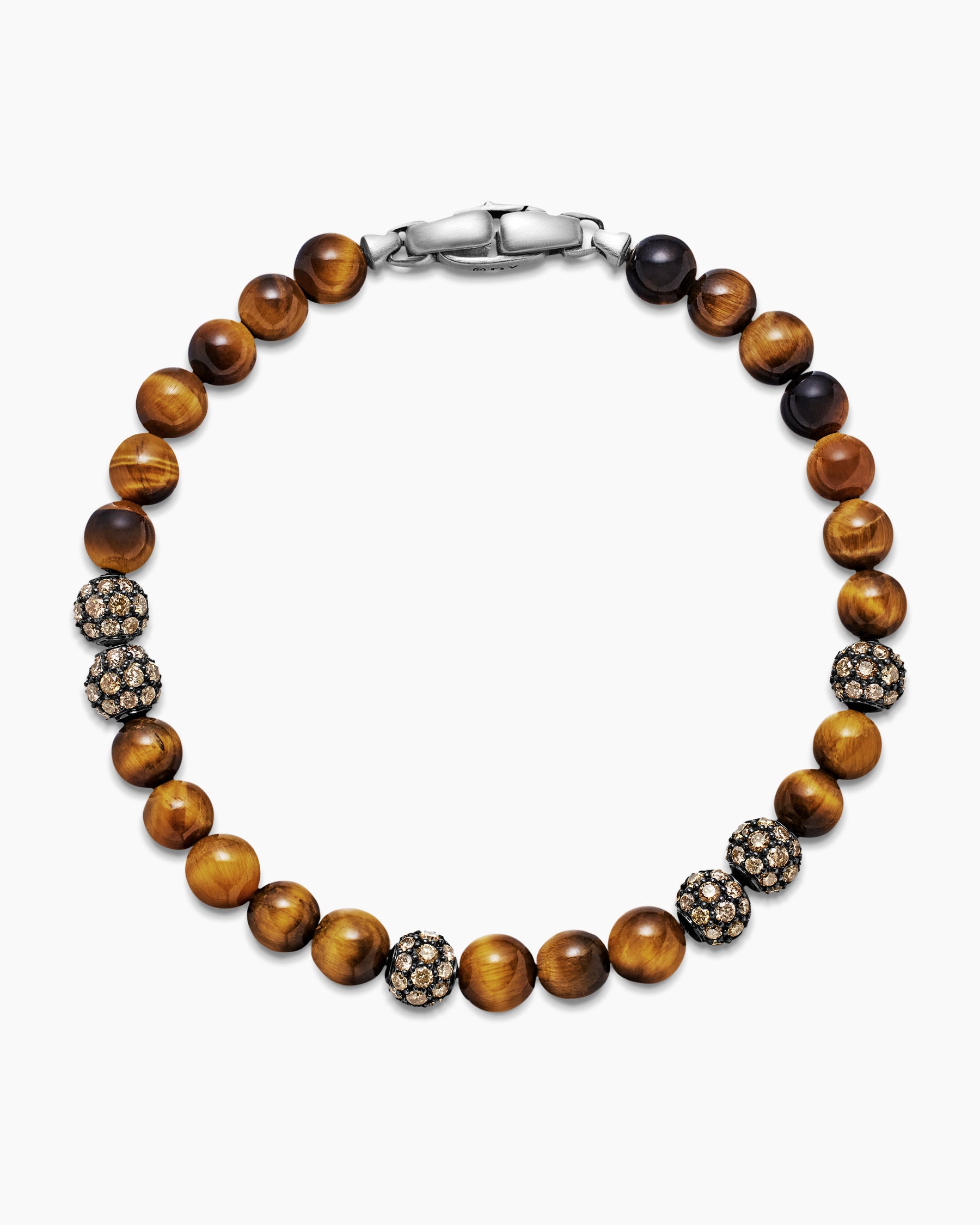 Spiritual Beads Bracelet in Sterling Silver with Tiger's Eye and Pavé Cognac Diamonds, 6mm - Image 3
