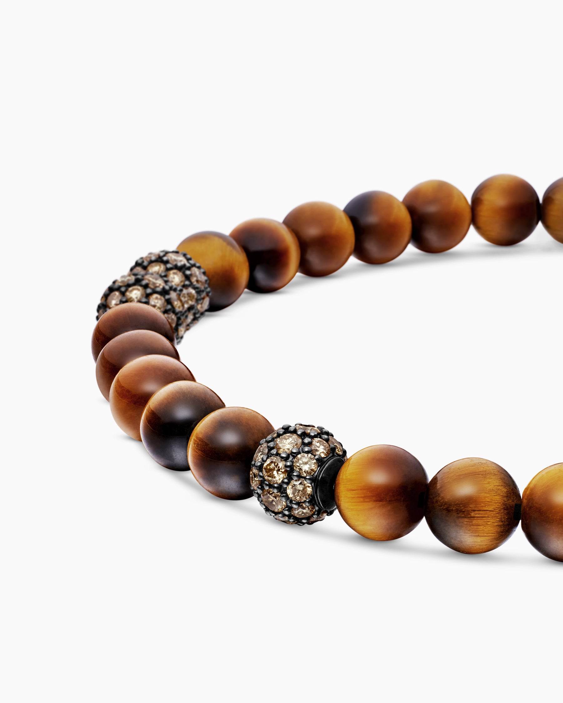 Spiritual Beads Bracelet in Sterling Silver with Tiger's Eye and Pavé Cognac Diamonds, 6mm - Image 7