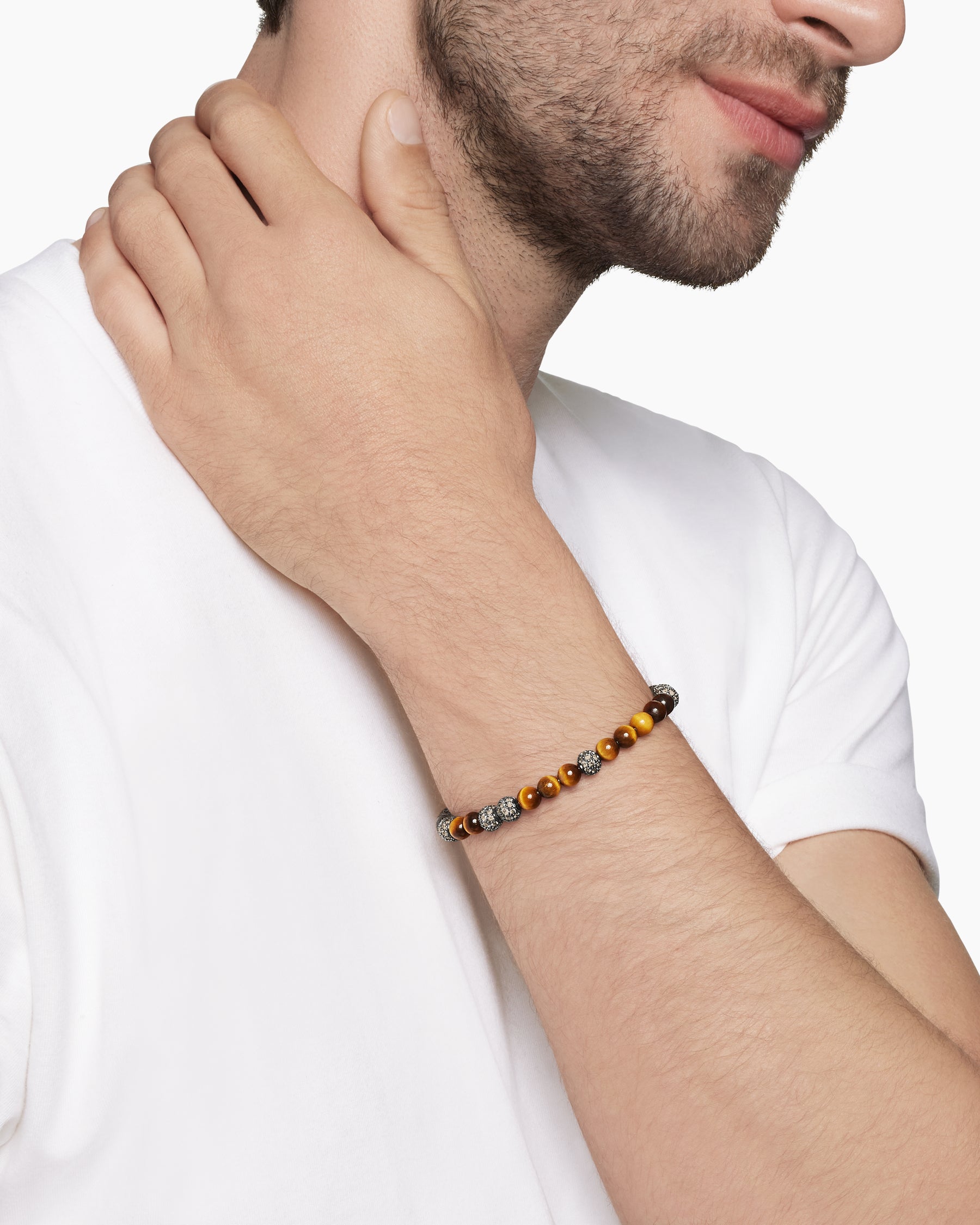 Alternative view of Spiritual Beads Bracelet in Sterling Silver with Tiger's Eye and Pavé Cognac Diamonds, 6mm