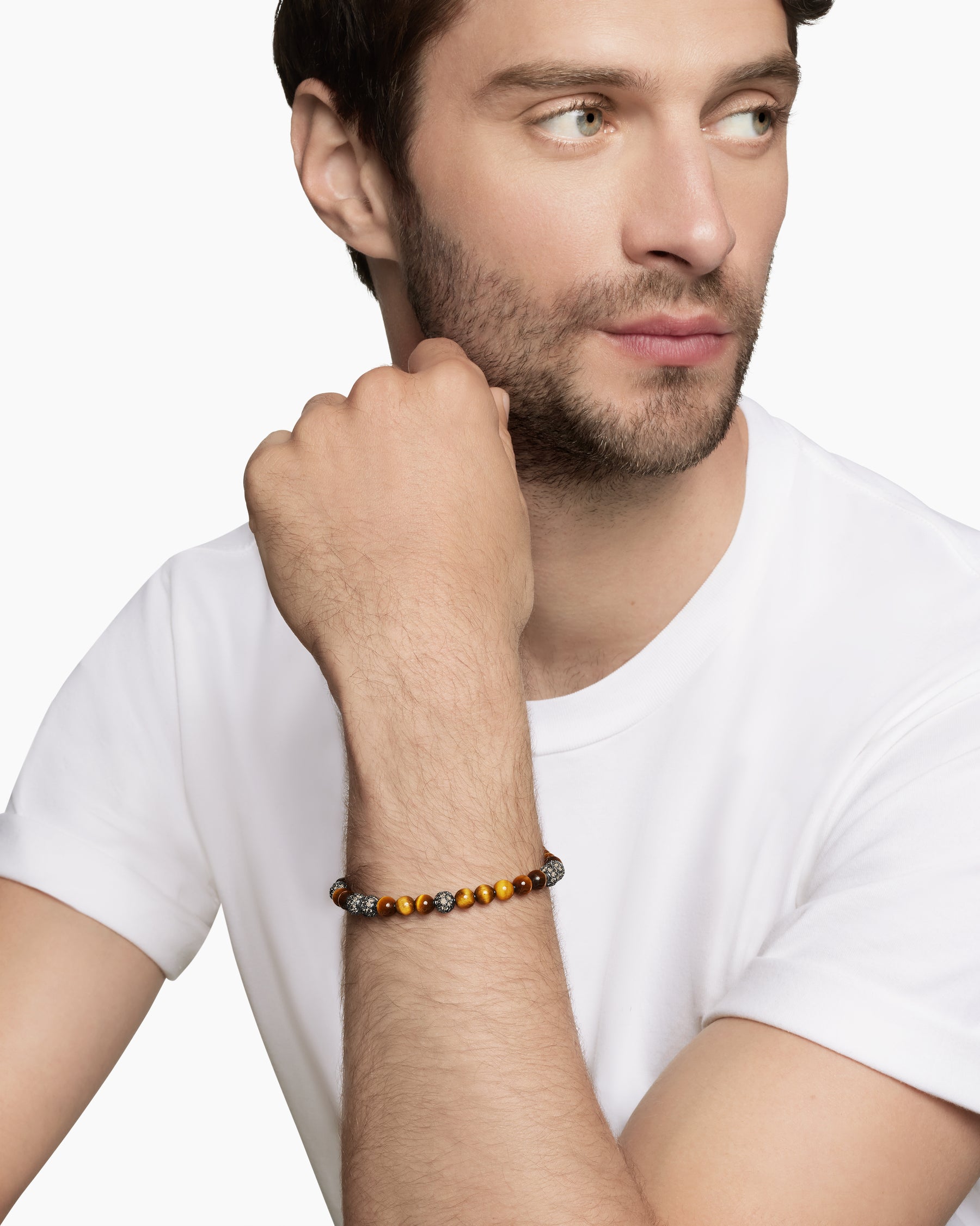 Spiritual Beads Bracelet in Sterling Silver with Tiger's Eye and Pavé Cognac Diamonds, 6mm - Image 8