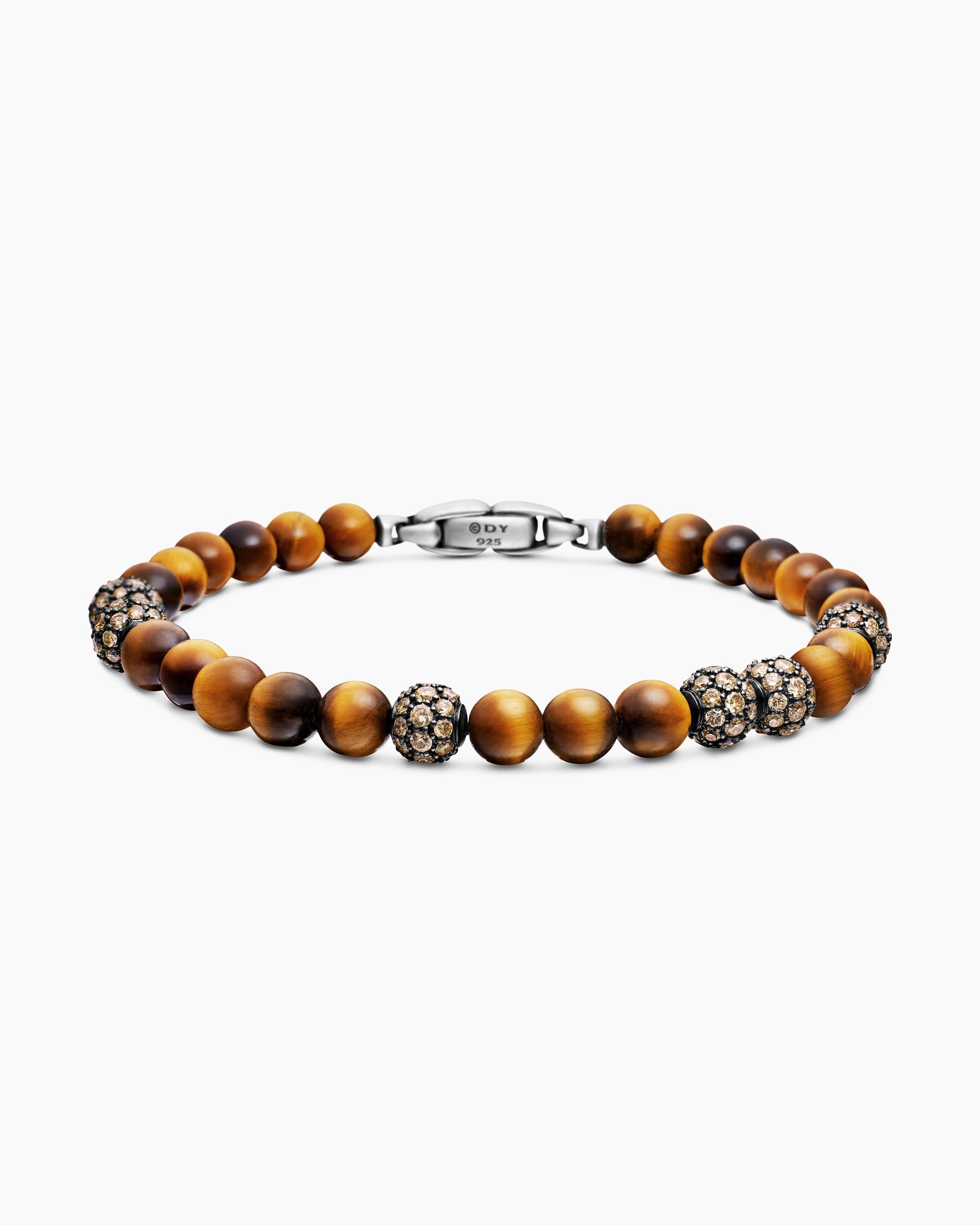 Spiritual Beads Bracelet in Sterling Silver with Tiger's Eye and Pavé Cognac Diamonds, 6mm