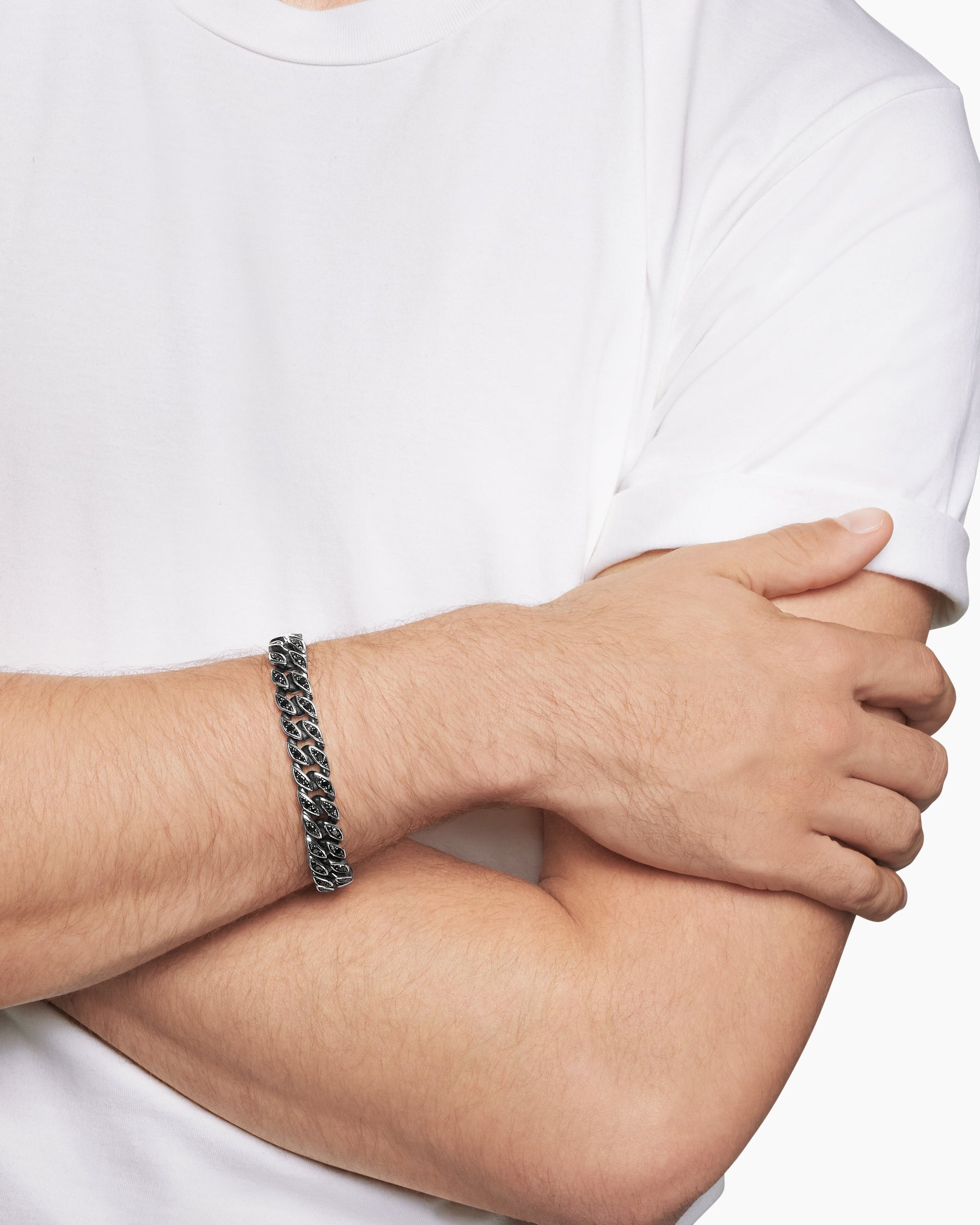 Alternative view of Curb Chain Bracelet in Sterling Silver with Black Diamonds, 11.5mm
