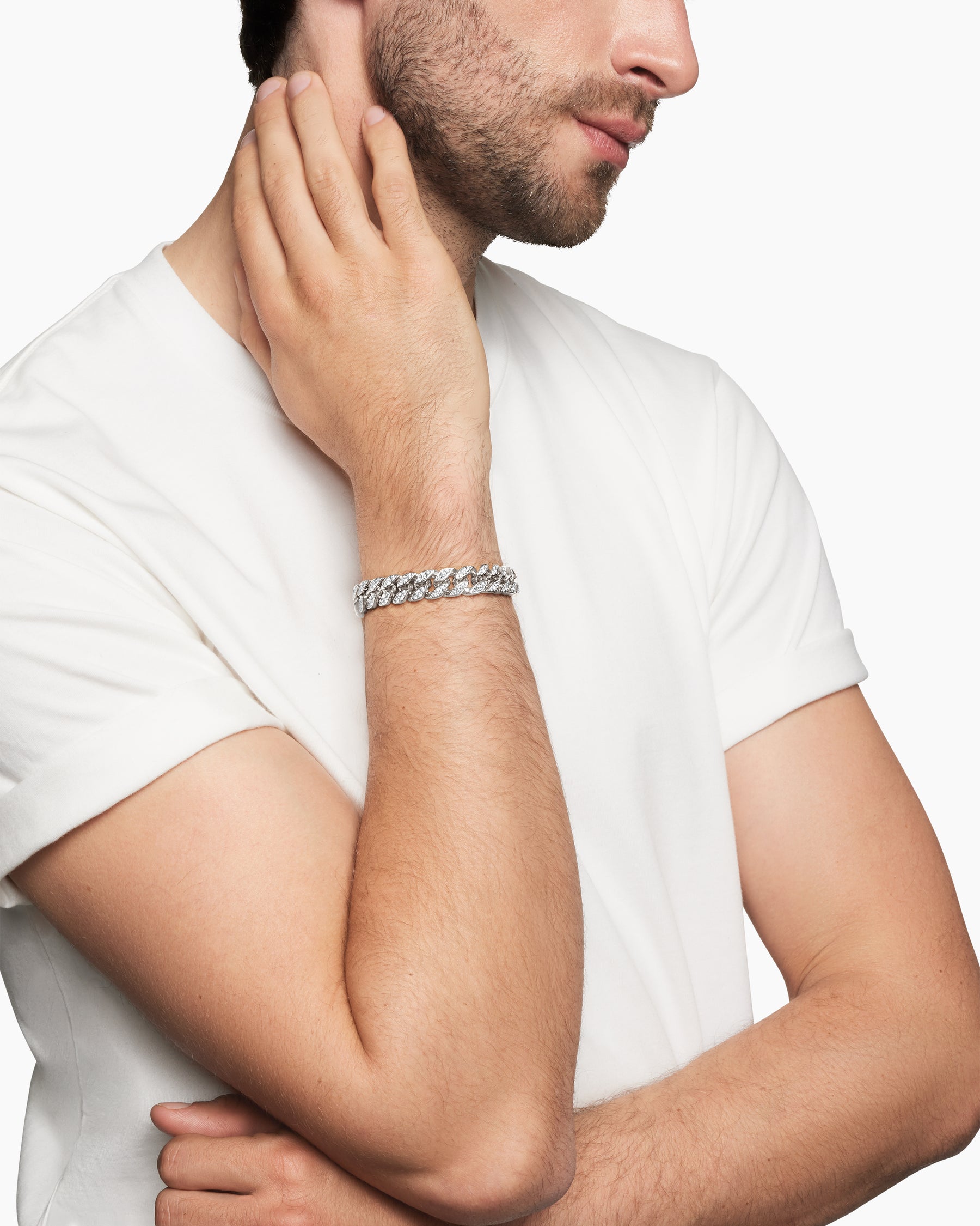 Alternative view of Curb Chain Bracelet in Sterling Silver with Diamonds, 11.5mm