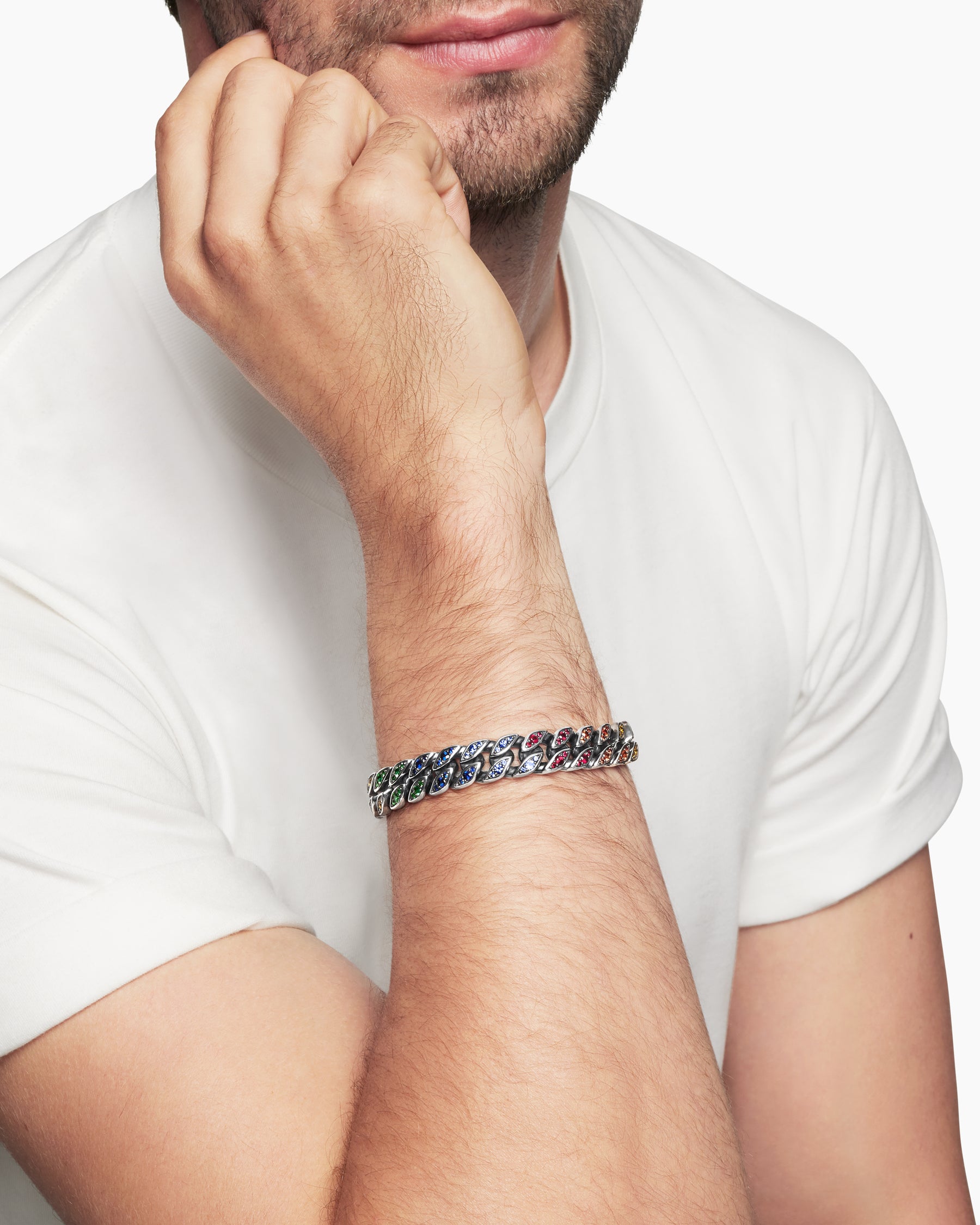 Curb Chain Bracelet in Sterling Silver with Rainbow Pavé, 11.5mm - Image 8