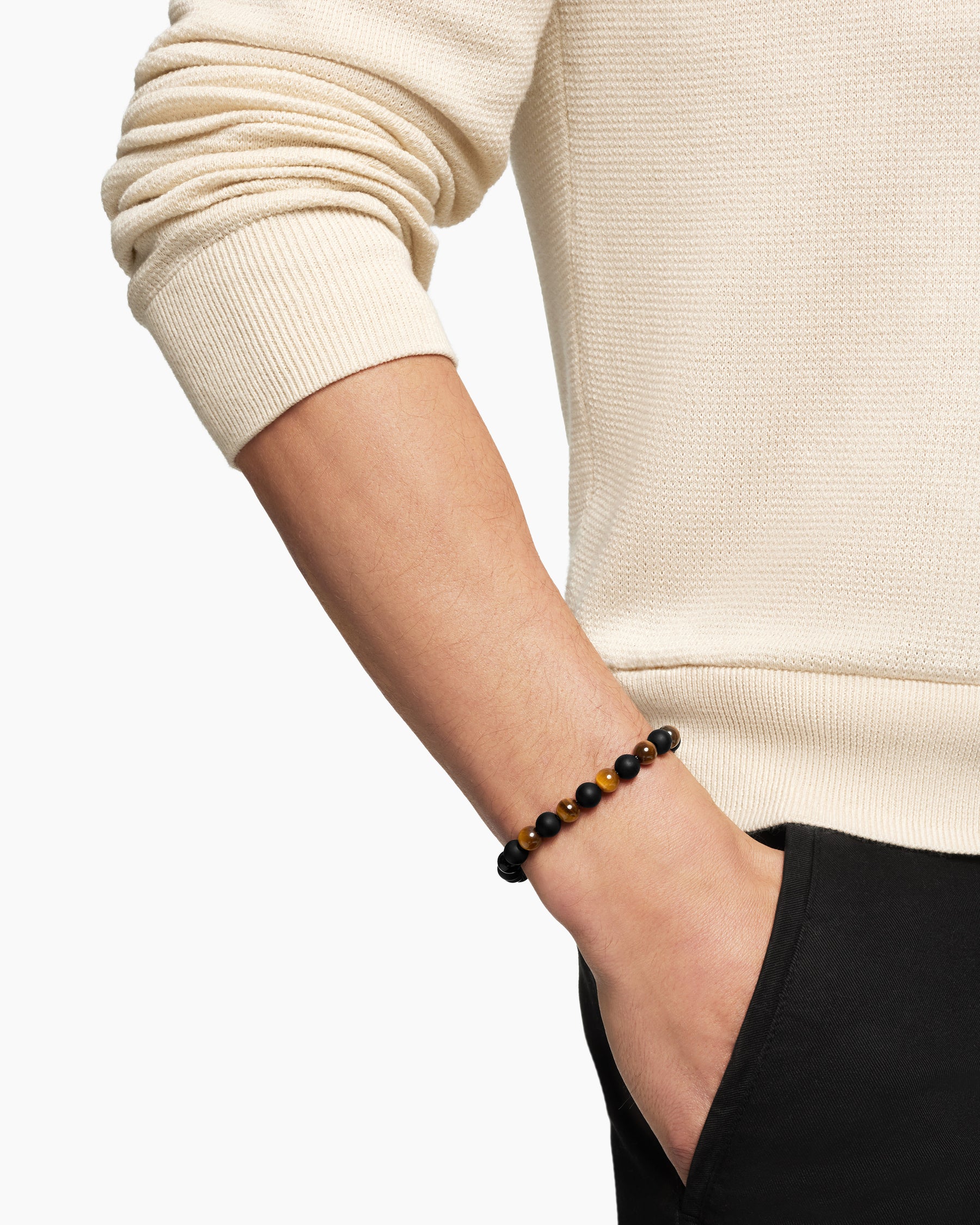 Alternative view of Spiritual Beads Alternating Bracelet in Sterling Silver with Tiger's Eye and Black Onyx, 8mm