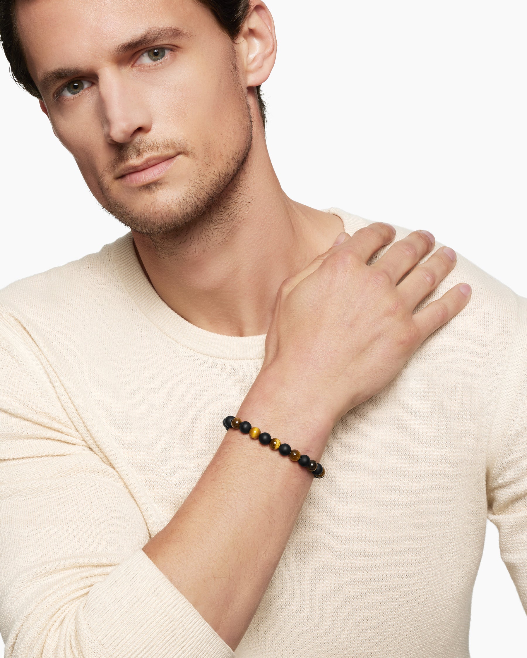 Spiritual Beads Alternating Bracelet in Sterling Silver with Tiger's Eye and Black Onyx, 8mm - Image 8