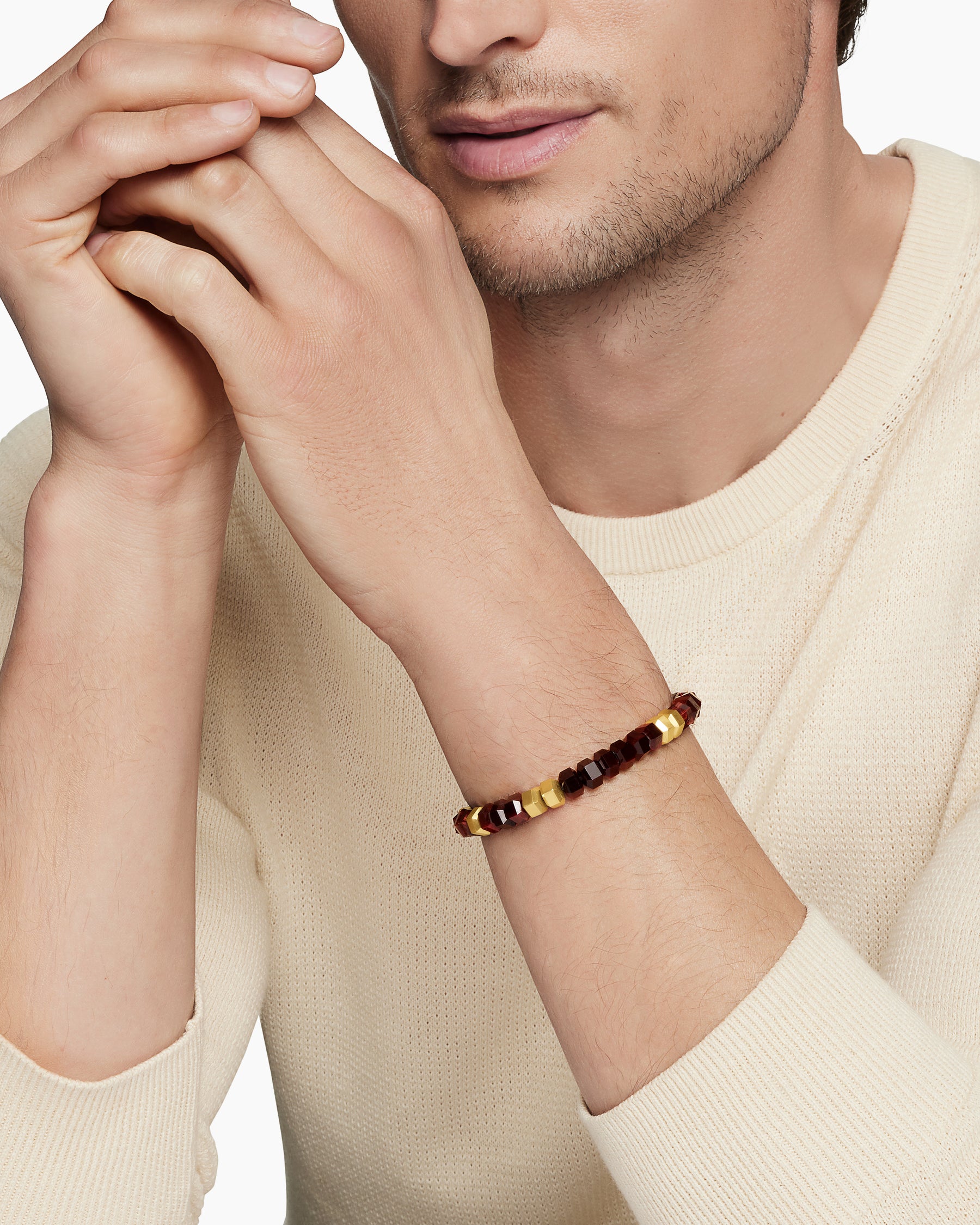 Alternative view of Hex Bead Bracelet with Red Tiger's Eye and 18K Yellow Gold, 8mm