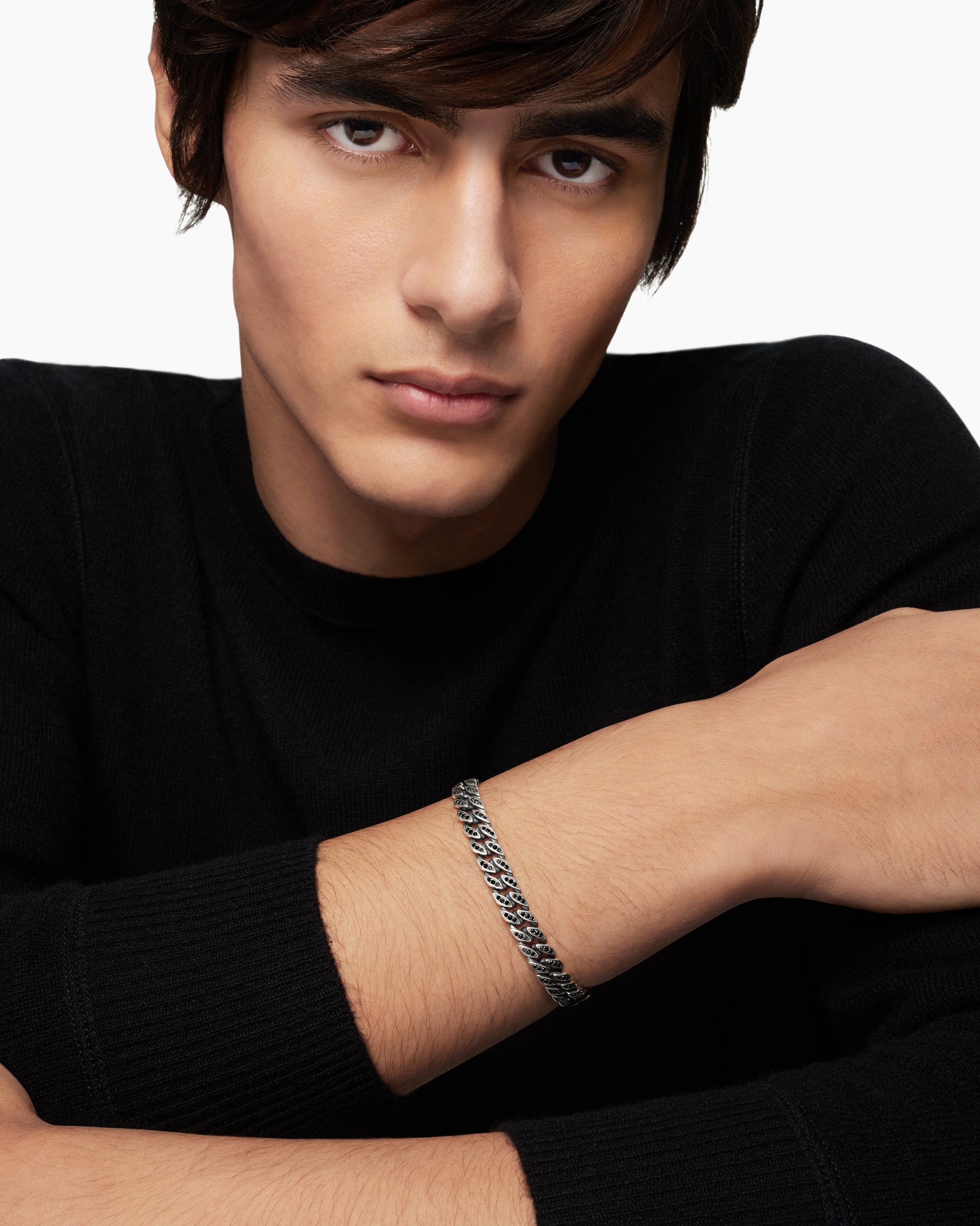 Curb Chain Bracelet in Sterling Silver with Black Diamonds, 8mm - Image 8