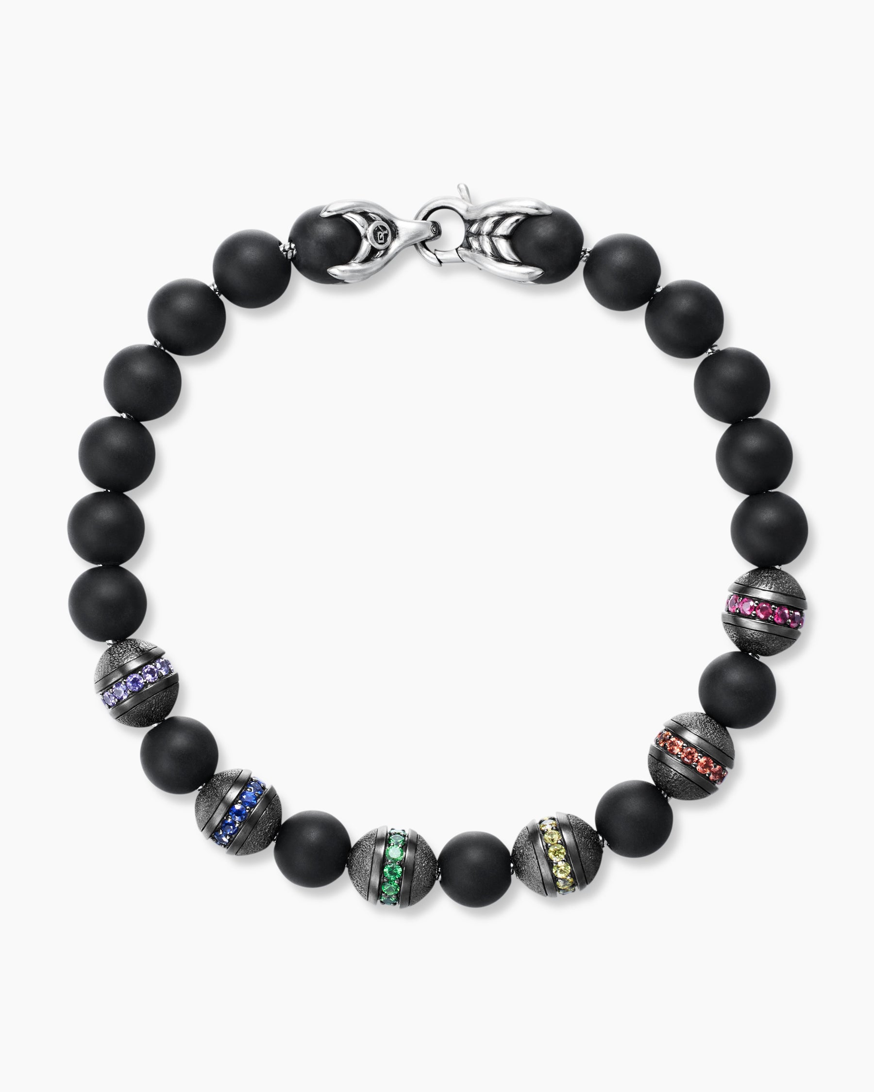 Spiritual Beads Rainbow Bracelet in Sterling Silver with Black Onyx, Sapphires and Tsavorites, 8mm - Image 3