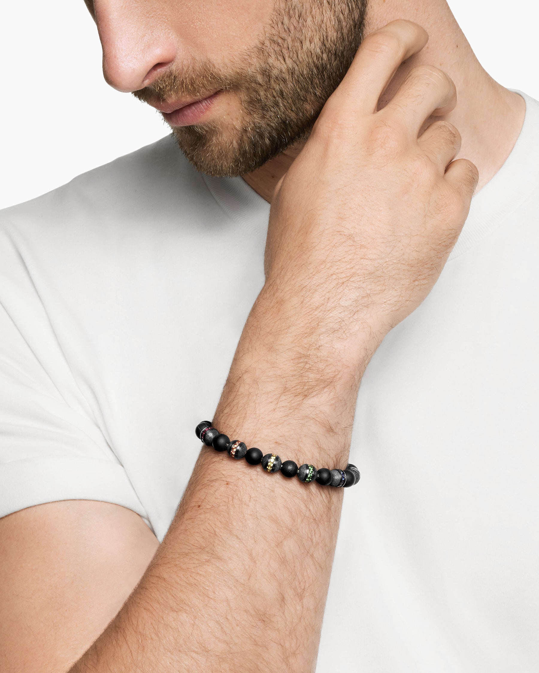 Alternative view of Spiritual Beads Rainbow Bracelet in Sterling Silver with Black Onyx, Sapphires and Tsavorites, 8mm
