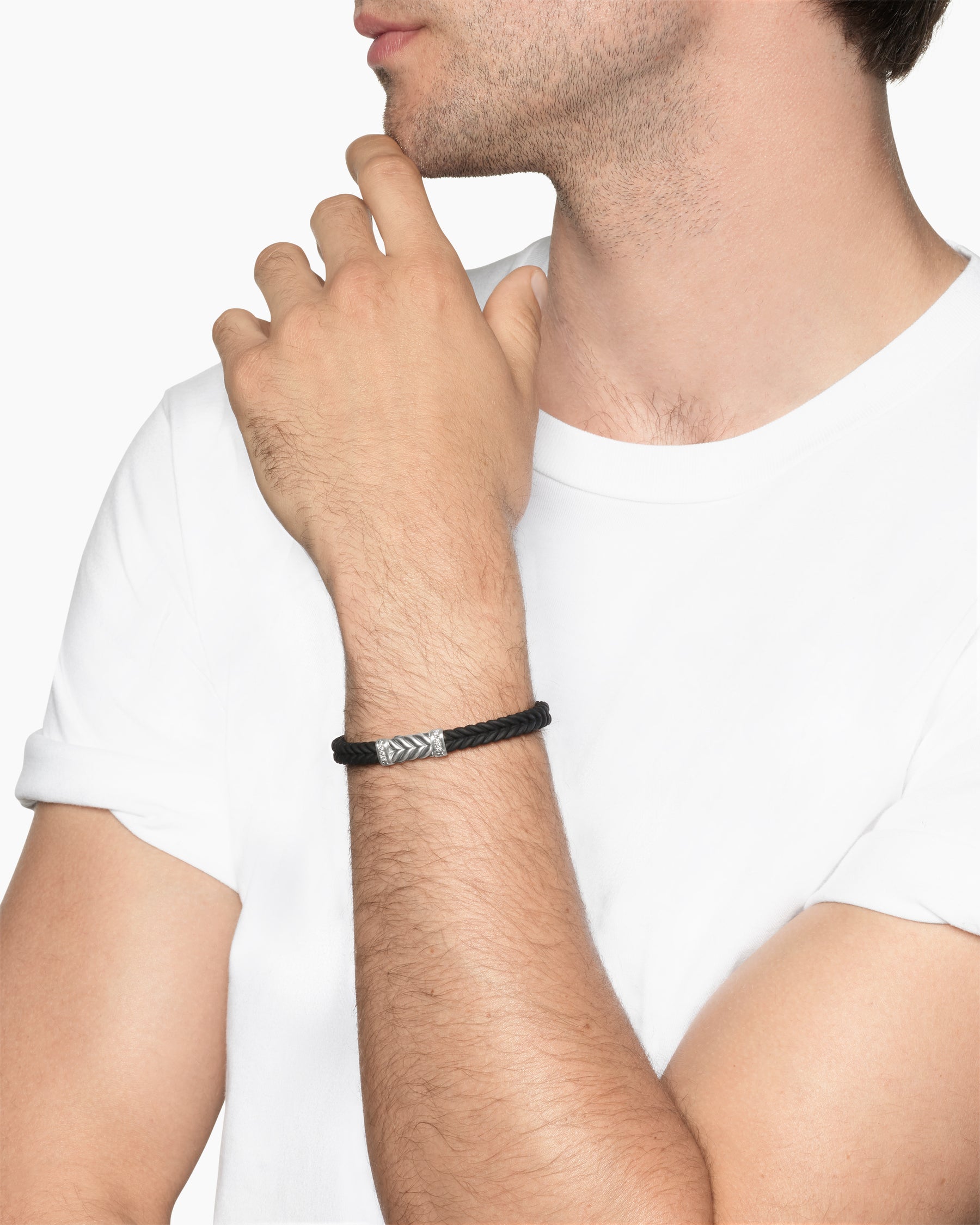 Alternative view of Chevron Bracelet in Black Rubber with Diamonds and Sterling Silver, 6mm